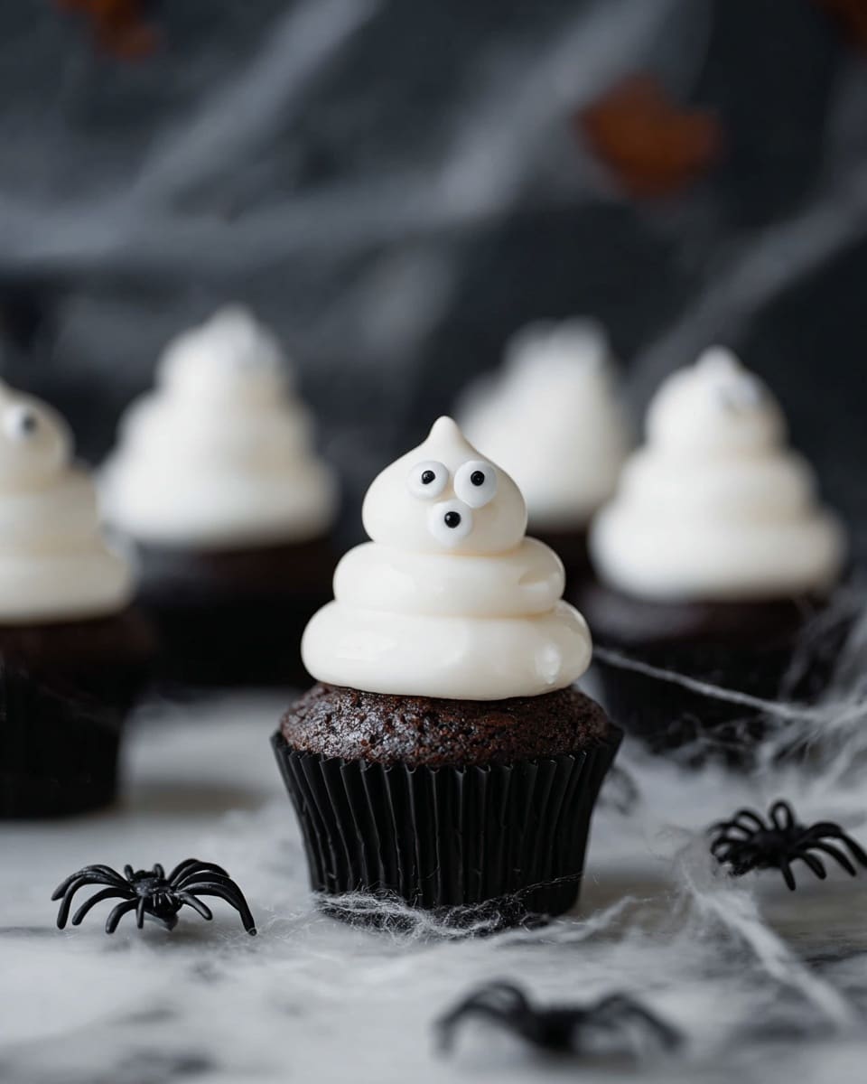 Several small cupcakes sit on a white marbled surface, each with three layers of white frosting shaped like swirls on top. The dark-colored cupcake base contrasts with the smooth, creamy frosting layers. Two small black and white candy eyes are placed near the top of each frosting swirl, giving a ghost-like appearance. Fake spider webs stretch in the background with small black plastic spiders hanging and resting nearby, adding a spooky Halloween theme. Photo taken with an iphone --ar 4:5 --v 7