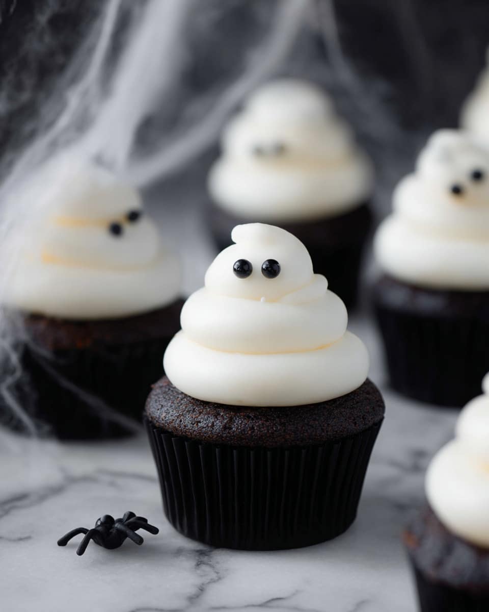 The image shows a dark chocolate cupcake in a black paper liner, topped with three layers of smooth white frosting spiraled high, each layer thick and creamy, forming a ghost-like shape. On the second layer from the top, two small black candy eyes are placed close together, giving the cupcake a cute, spooky face. Surrounding this cupcake are similar cupcakes with the same frosting and eyes, placed on a white marbled surface. In the background, there are faint wisps of white cobweb decorations and a small black plastic spider hanging, enhancing the Halloween theme. Photo taken with an iphone --ar 4:5 --v 7
