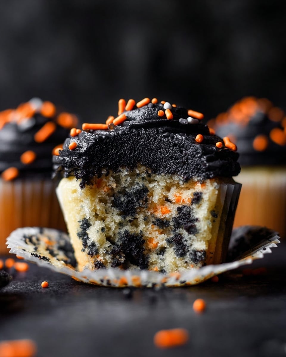 A close-up of a cupcake with two layers: the bottom layer is a light-colored cake with dark black and orange specks scattered inside, showing a soft and moist texture, while the top layer is thick black frosting swirled with a textured, creamy finish and decorated with small orange round and stick sprinkles. The cupcake is in a white wrapper, sitting on a black surface with a few orange sprinkles scattered around. The background is dark and blurred, focusing the attention on the cupcake. Photo taken with an iphone --ar 4:5 --v 7