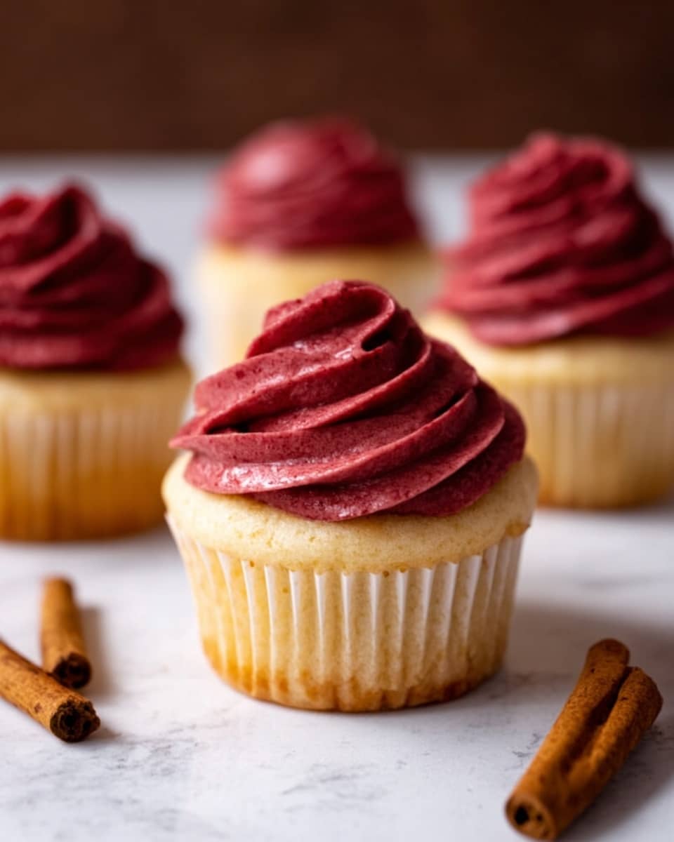 The image shows four light yellow cupcakes with one in clear focus at the front and three blurred in the background. Each cupcake has one thick swirl of dark red frosting on top, with a smooth and creamy texture. The cupcakes sit on a white marbled surface scattered with two cinnamon sticks, adding a rustic touch. The background is softly blurred with warm brown tones. photo taken with an iphone --ar 4:5 --v 7