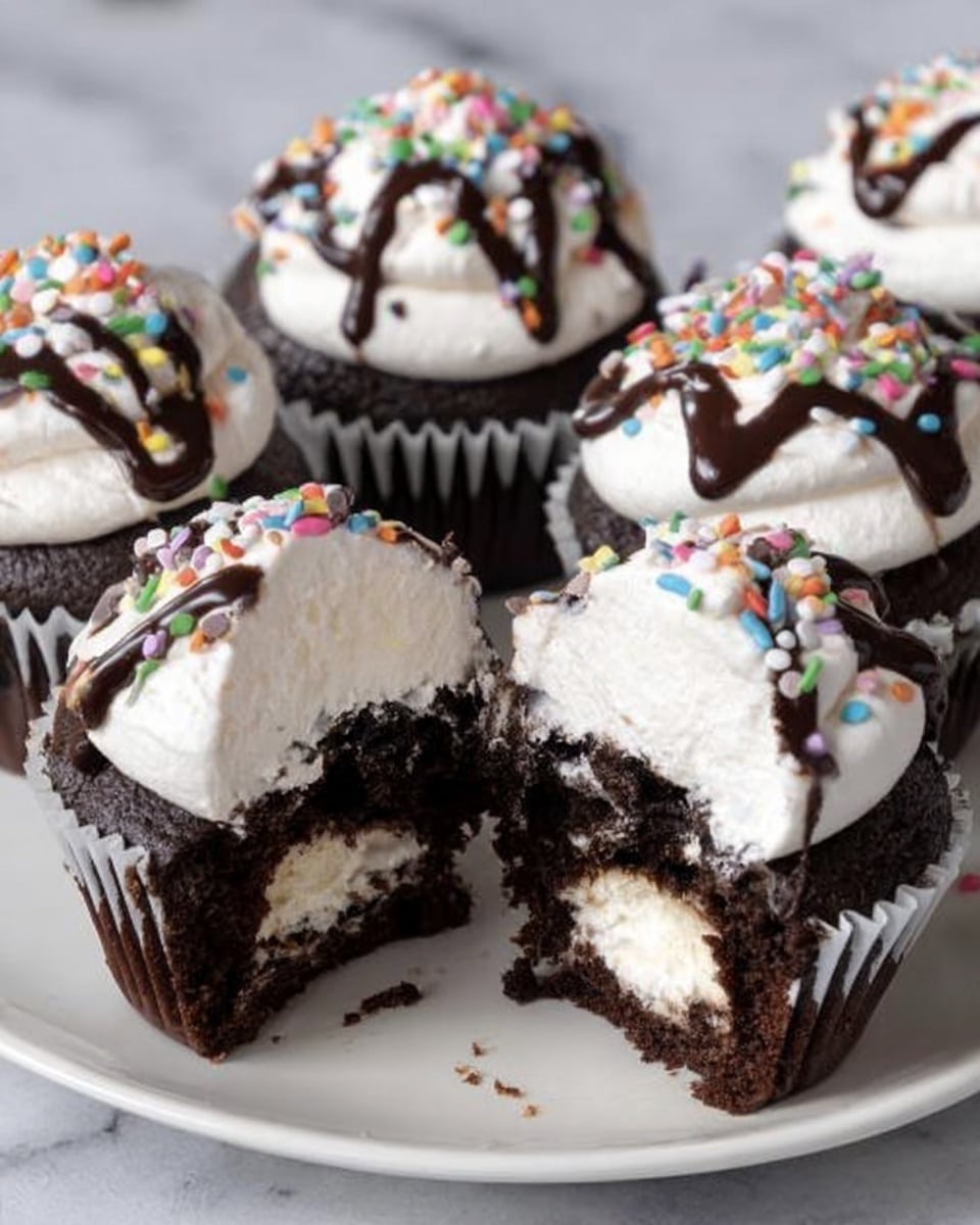 A group of dark chocolate cupcakes are shown on a white marbled surface, each with a thick layer of white frosting on top. The frosting is smooth and fluffy with small, colorful round sprinkles scattered over it. On top of the frosting, there is a drizzle of dark chocolate sauce that adds a shiny texture. One cupcake is cut in half in the front, revealing a creamy white filling inside the dark chocolate cake layer. The cupcakes are arranged closely together on a white plate. Photo taken with an iphone --ar 4:5 --v 7