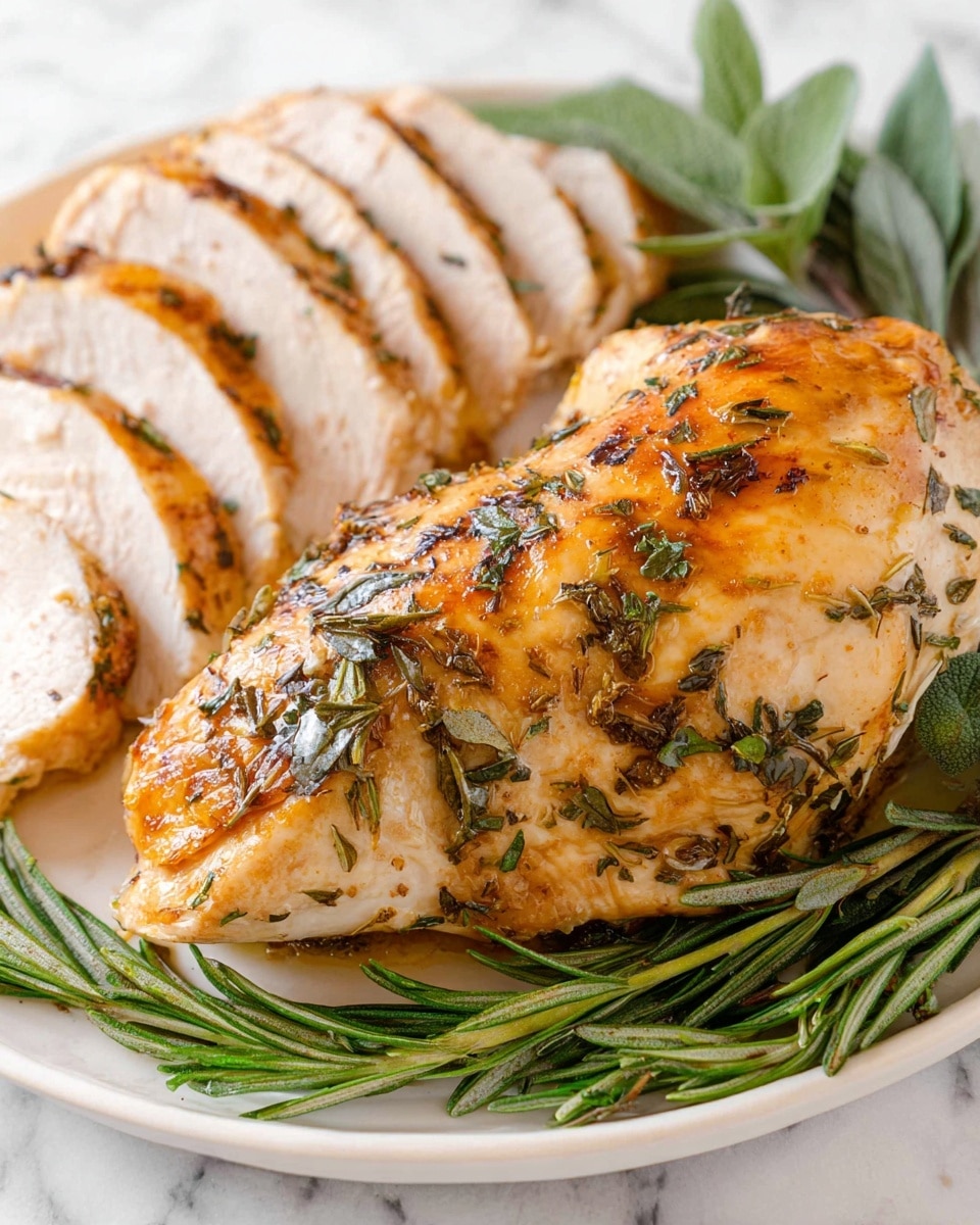 A large golden-brown roasted chicken sits in the center of a white plate, its crispy skin covered with small green and black dried herbs, giving it a textured and flavorful look. The chicken rests on a bed of fresh green rosemary and thyme sprigs arranged around it, adding a rich touch of greenery. The background is a clean white marbled surface, making the warm colors of the chicken and herbs stand out. photo taken with an iphone --ar 4:5 --v 7