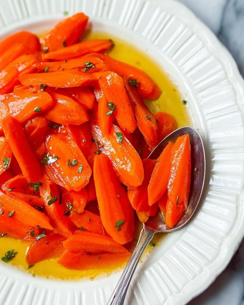 A white plate holds a single layer of bright orange carrot slices cooked until soft, arranged in a loose pile. The carrot slices have a shiny, slightly oily surface with small green herb leaves scattered on top, adding a touch of contrast. The plate is set on a white marbled surface, and the edges of the plate show subtle ridges. The overall look is fresh and simple, with a warm, inviting color from the cooked carrots and herbs. photo taken with an iphone --ar 4:5 --v 7