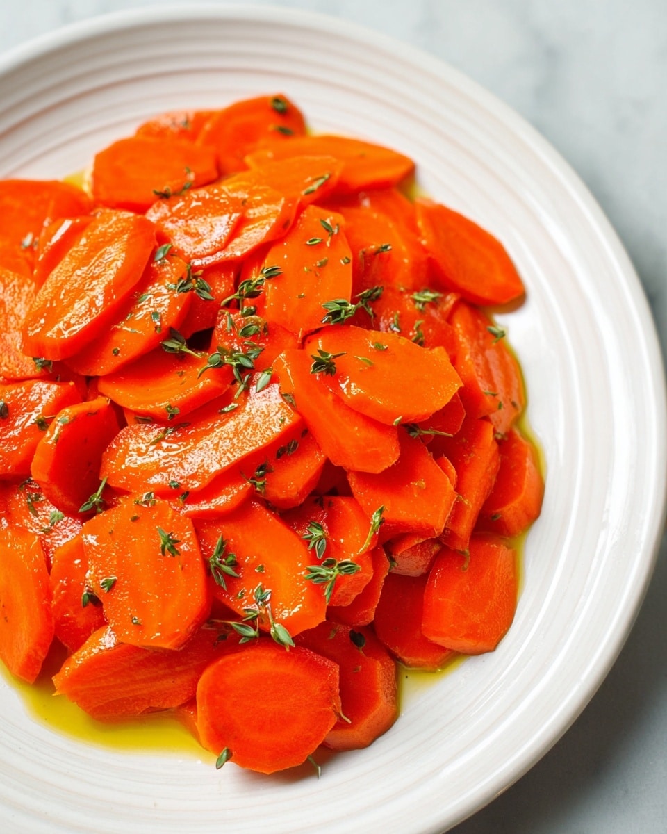 The image shows a white ridged plate filled with bright orange carrot slices cooked in a shiny, slightly oily sauce that pools on the plate's edge. The carrot slices vary in size and thickness, some longer and some shorter, with a soft texture that looks smooth and glossy. Tiny bits of green herbs are sprinkled over the carrots, adding a fresh contrast. A silver spoon rests on the right side of the plate, scooping up some carrot slices, while the background is a white marbled texture. Photo taken with an iphone --ar 4:5 --v 7