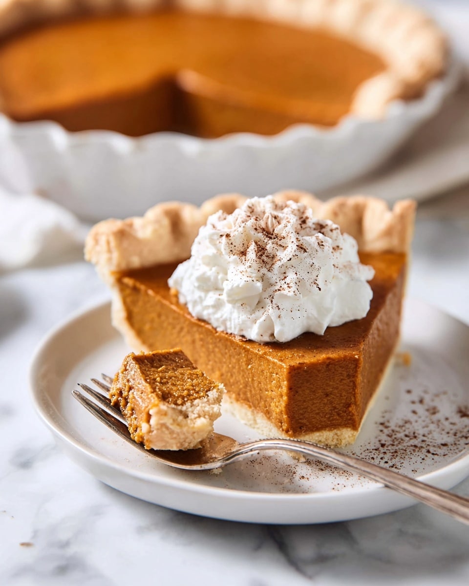 A slice of pumpkin pie sits on a white plate on a white marbled surface, showing three layers: a light golden crust at the bottom with a thick, smooth, orange-brown pumpkin filling in the middle, and a dollop of white whipped cream on top sprinkled lightly with brown cinnamon powder. Beside the slice, a silver fork holds a small bite of pie with crust, filling, and a bit of whipped cream. In the background, the full pumpkin pie in a white pie dish is partially visible. Photo taken with an iphone --ar 4:5 --v 7