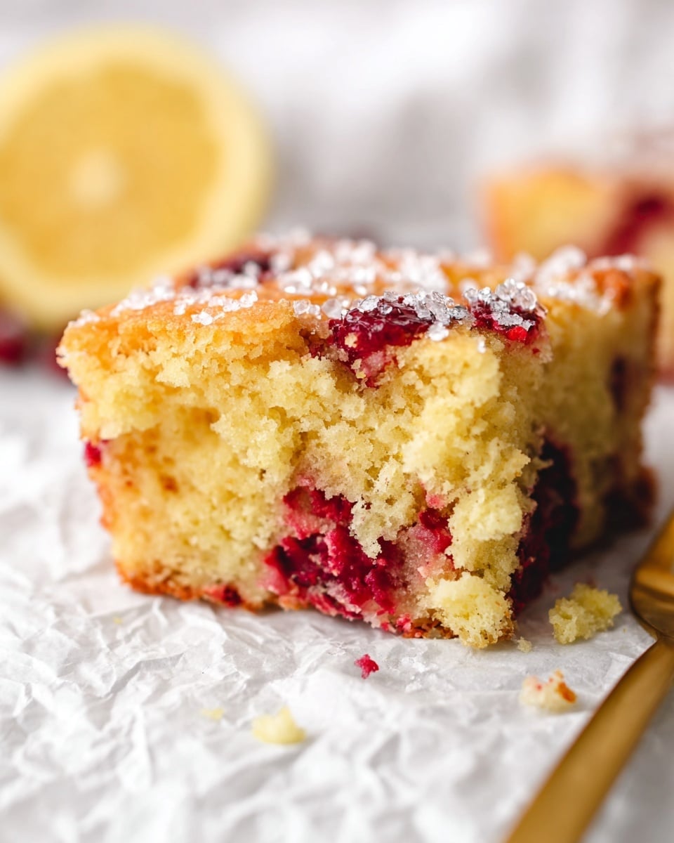 A close-up of a thick square piece of light yellow cake with a crumbly top layer sprinkled with large sugar crystals. The cake is filled with bright red cranberries, some whole and some broken, giving a textured and slightly moist look inside. The cake sits on a clear white plate, and there are two whole cranberries placed next to it. The background shows a smooth white marbled surface, softly blurred to keep focus on the cake, photo taken with an iphone --ar 4:5 --v 7