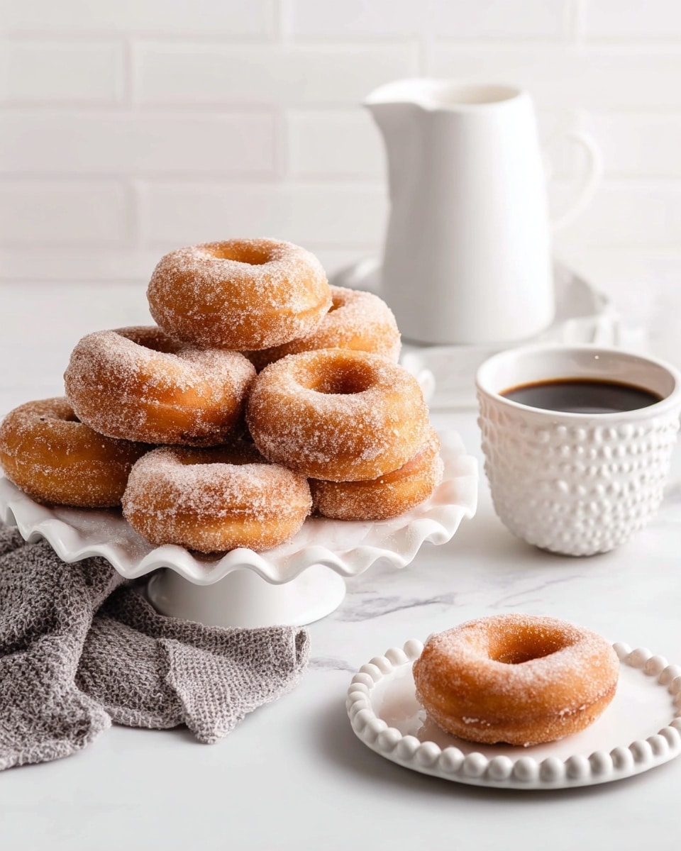 The image shows a white scalloped plate filled with about ten round sugar-coated donuts with a golden brown color and rough sugary texture, stacked close together. Behind it, there is a single donut on a small white scalloped dish, golden brown and sugar-coated. To the right, a white cup filled with frothy coffee sits on a white marbled surface. The background is bright and white with soft lighting, and a gray knitted cloth is partially visible in the bottom left corner. photo taken with an iphone --ar 4:5 --v 7