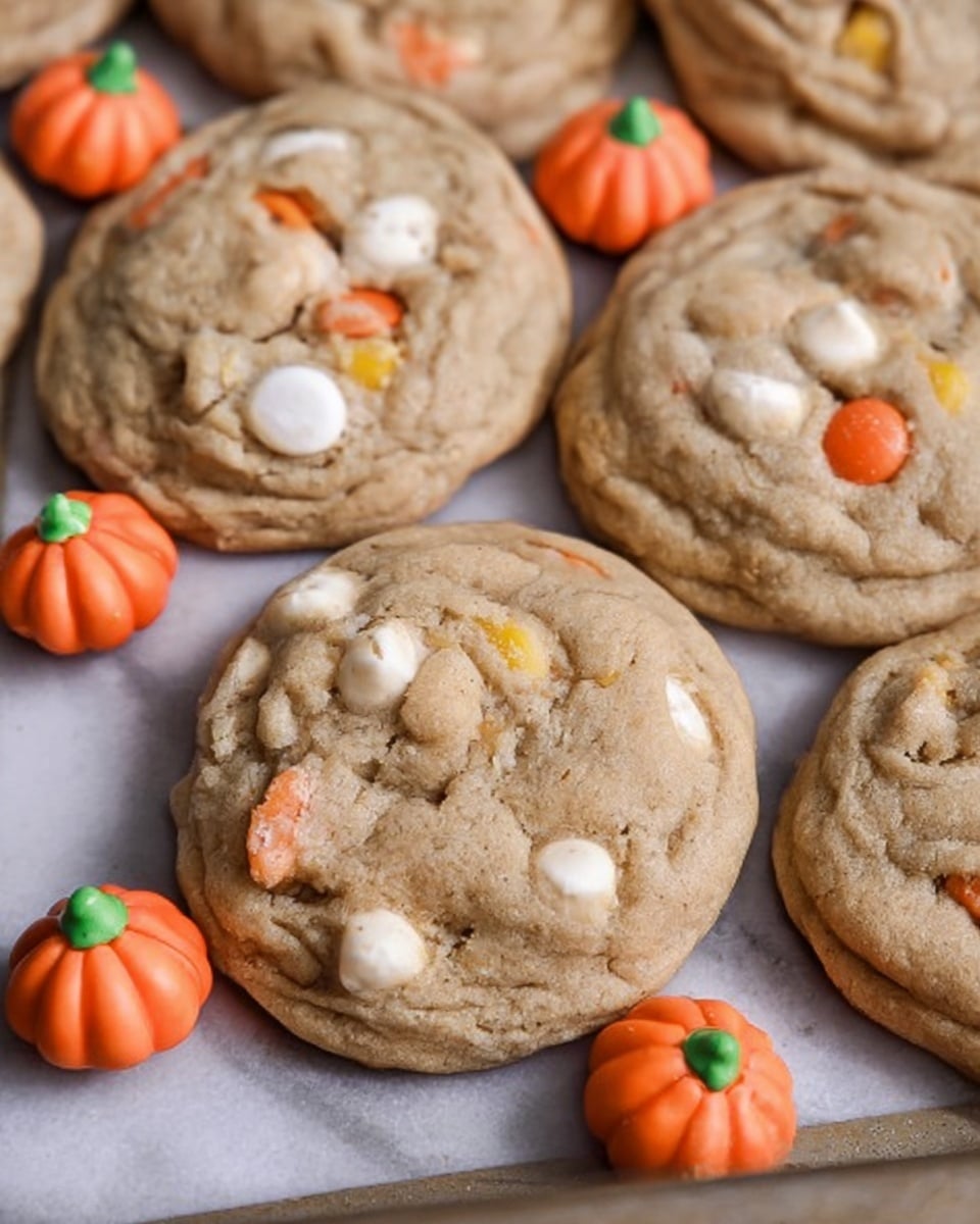 The image shows a close-up of several round cookies with a light brown color and a soft, slightly cracked texture. Each cookie has small white chunks and touches of orange and yellow candy pieces embedded throughout. The cookies are arranged on a baking sheet, which sits on a white marbled surface. Around the cookies, there are small orange pumpkin-shaped candies with green tips, adding a festive look. The scene highlights the warm and cozy feel of freshly baked treats. Photo taken with an iphone --ar 4:5 --v 7