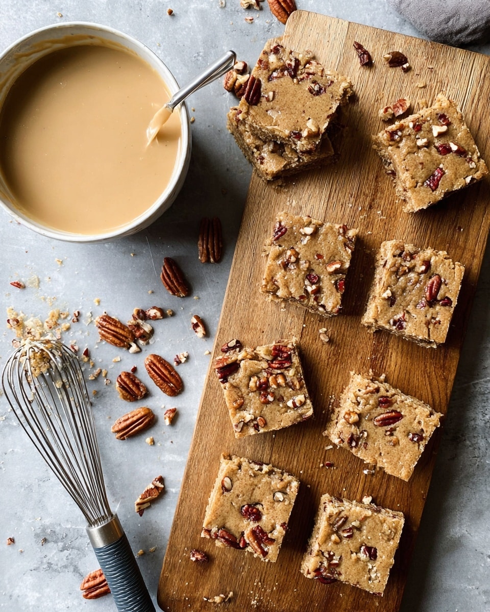The image shows nine square pecan bars with a light brown, slightly crumbly texture, studded with whole and chopped pecans, arranged on a wooden cutting board and next to it on a grey surface. To the left, there is a white bowl filled with a smooth, creamy, beige sauce. A metal whisk with a dark gray handle lies next to the bowl, surrounded by scattered pecans and crumbs. The background is a white marbled texture. photo taken with an iphone --ar 4:5 --v 7