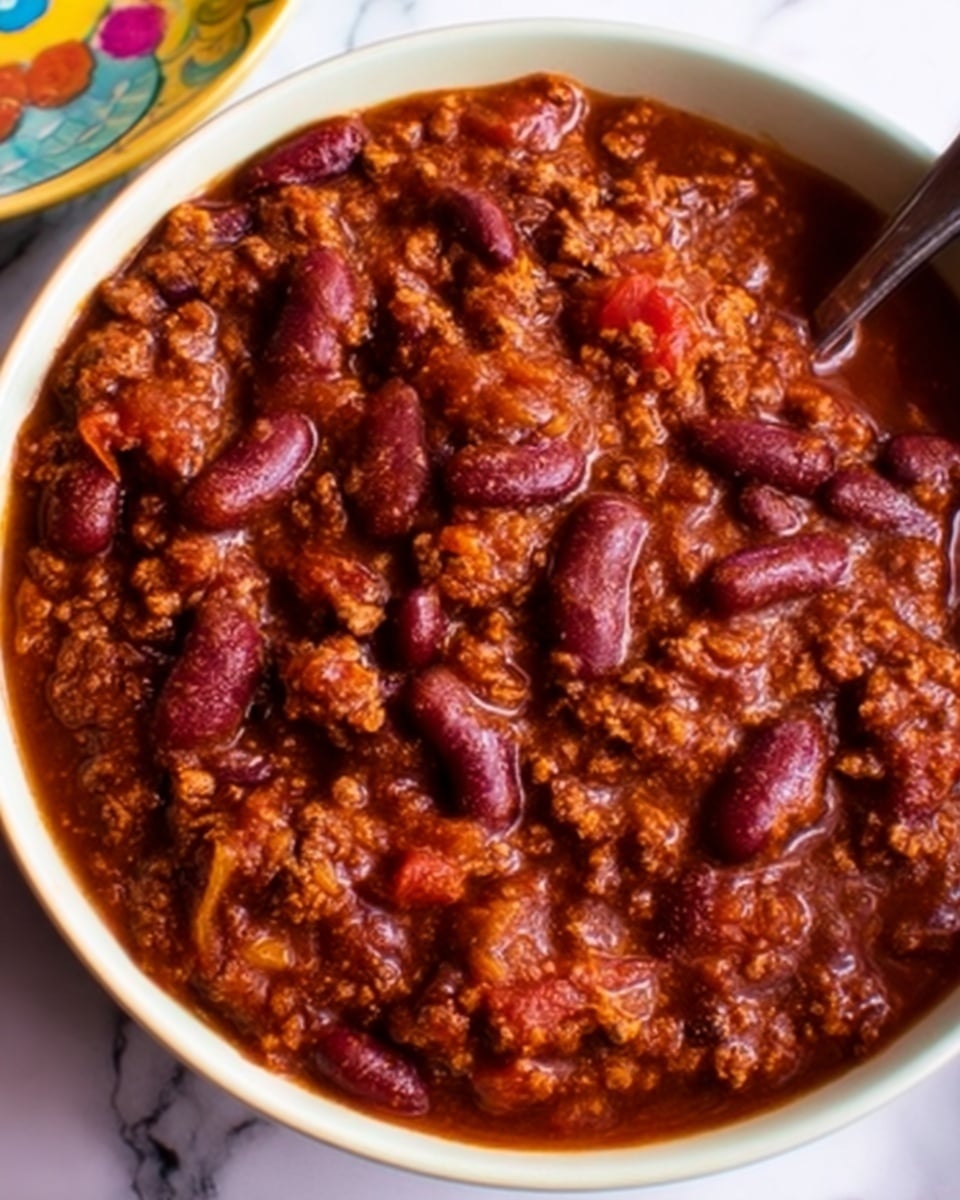 The image shows a white bowl filled with a rich, thick chili. The chili has three main layers: a base of chunky diced tomatoes with soft textures, a middle layer of dark red kidney beans that have a smooth outer skin, and a thick sauce that coats everything in a deep reddish-brown color. The sauce has a slightly chunky texture with visible bits of onion and ground ingredients mixed throughout. The bowl is on a white marbled surface, and a small part of a colorful plate is visible in the top left corner. photo taken with an iphone --ar 4:5 --v 7
