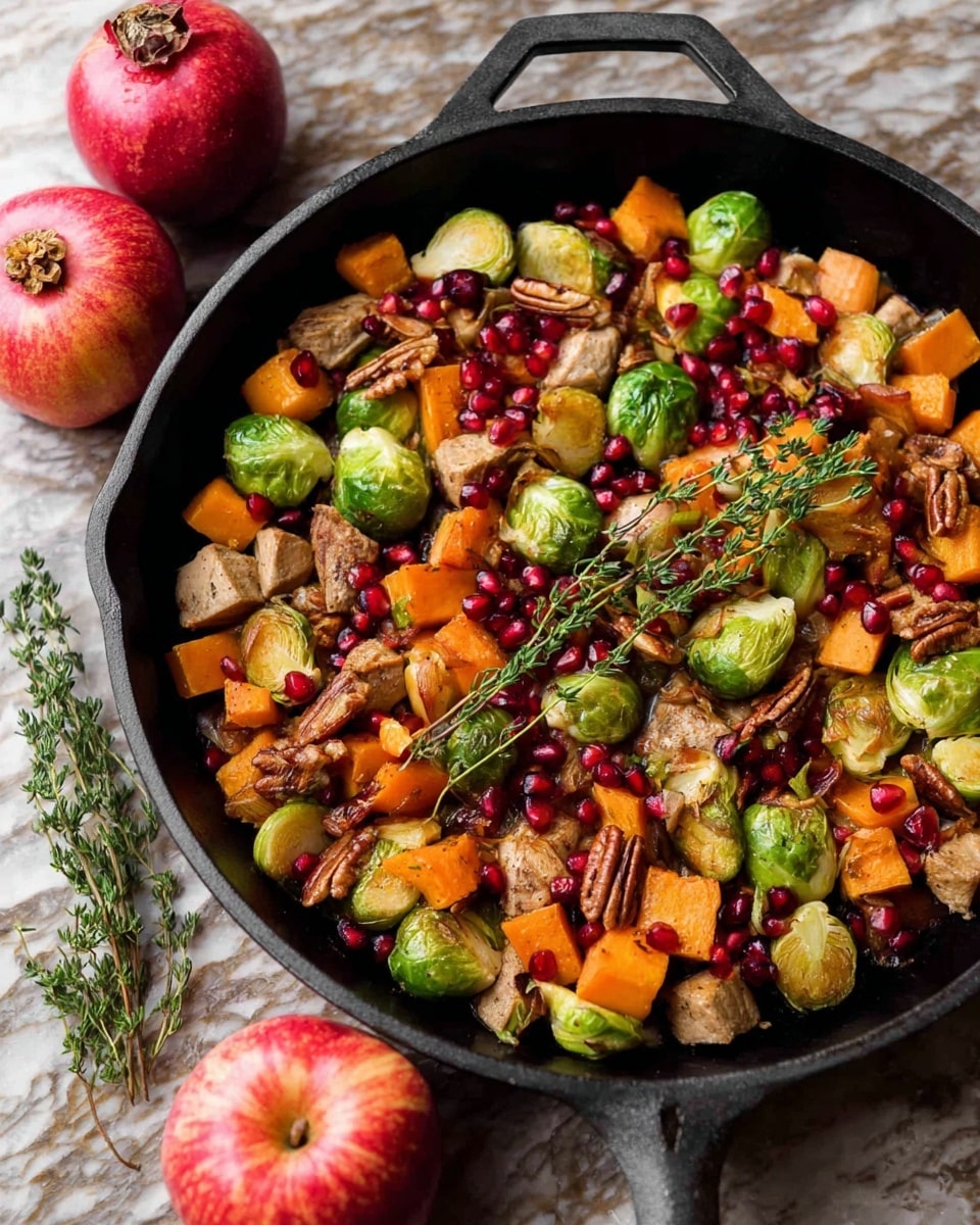 A black cast iron pan filled with a colorful roasted dish sits on a white marbled surface. The dish has three main layers: the bottom layer consists of chunks of light brown cooked meat and cubed orange sweet potatoes; the middle layer is made up of bright green Brussels sprouts, some halved showing their texture; the top layer is decorated with scattered red pomegranate seeds, pecans, and sprigs of fresh green thyme. Two red apples with patches of yellow sit near the pan on the white marbled surface. photo taken with an iphone --ar 4:5 --v 7