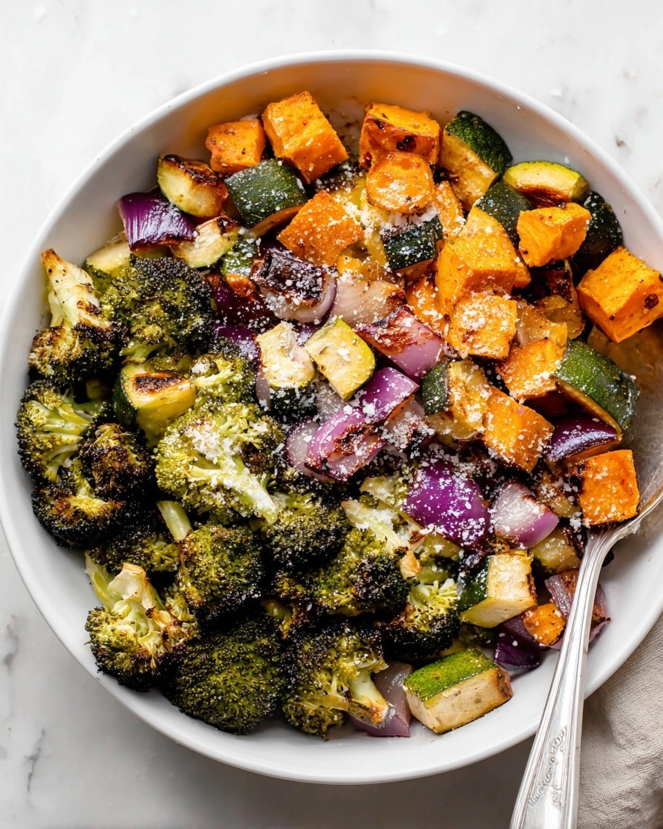 A bowl filled with a mix of roasted vegetables including green broccoli florets, orange sweet potato chunks, purple red onion pieces, and light green zucchini slices, all sprinkled with white grated cheese. A silver spoon rests inside the bowl on the right side. Behind the bowl, a baking sheet with more roasted vegetables is partially visible on a white marbled surface, and a small white bowl with grated cheese is placed to the upper left of the main bowl. A white cloth is positioned at the bottom left corner. Photo taken with an iphone --ar 4:5 --v 7