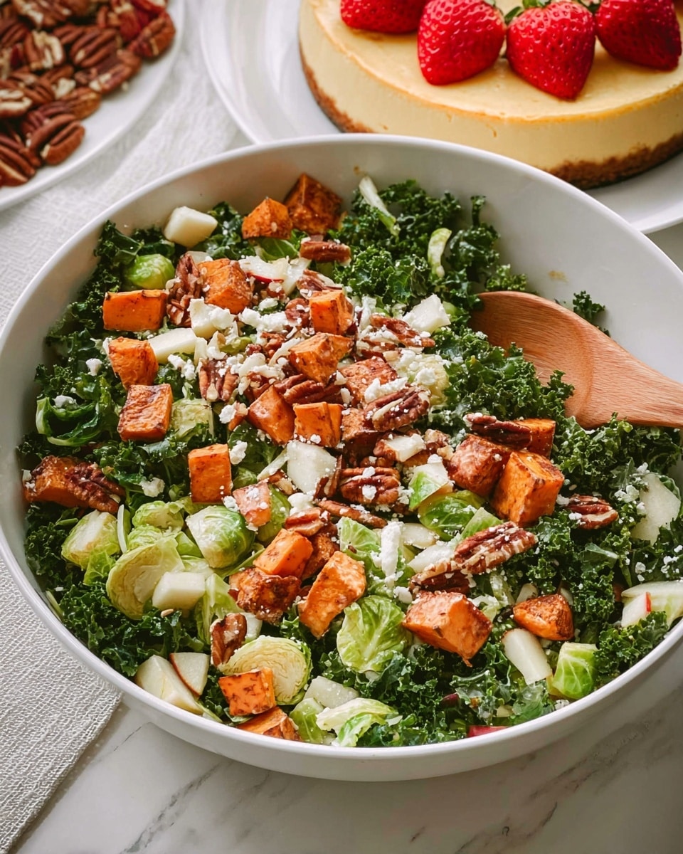 A white bowl filled with a fresh salad showing different layers: the base layer is dark green curly kale and halved light green Brussels sprouts, mixed with small chunks of white and red apple pieces. The next layer has roasted orange sweet potato cubes scattered evenly, with some brown toasted pecans spread around. On top, there are small white feta cheese crumbs sprinkled all over. A wooden spoon with a long handle rests inside the bowl on the left side. In the background, a white plate holds a round cheesecake with a golden brown crust and three red strawberries on the light yellow top, all placed on a white marbled surface. Photo taken with an iphone --ar 4:5 --v 7