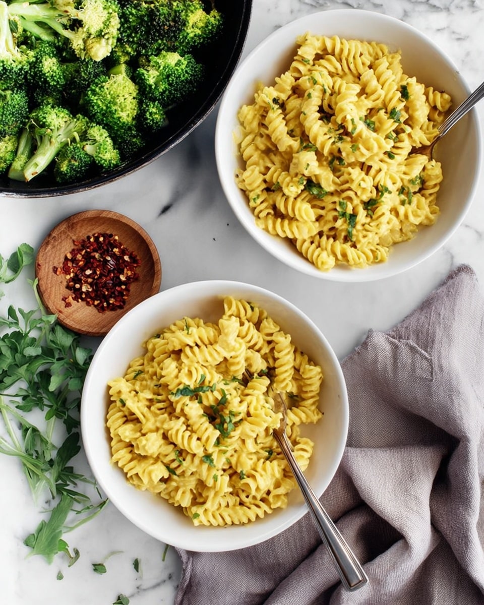 The image shows two white bowls filled with yellow rotini pasta covered in a creamy sauce and sprinkled with small green herb leaves, with a silver fork resting inside one bowl. Above the bowls, there is a black pan full of bright green broccoli florets, some with light almond slices scattered on top. To the left, a small round wooden plate holds red chili flakes. Fresh green herb leaves are spread around on a white marbled surface, and a gray cloth napkin is placed near the bowls. The overall look is simple, fresh, and colorful. photo taken with an iphone --ar 4:5 --v 7