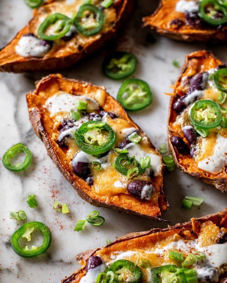 The image shows six stuffed sweet potato halves arranged on a baking tray lined with parchment paper. Each sweet potato half is filled with a bright orange layer of soft sweet potato flesh, topped with melted white and orange cheese mixed with dark red beans. On top of this, there is a dollop of white sour cream with a sprinkle of spice, garnished with bright green sliced jalapeños and chopped green onions. Around the sweet potatoes, additional slices of jalapeños are scattered on the parchment paper. The entire scene is set on a white marbled surface. Photo taken with an iphone --ar 4:5 --v 7