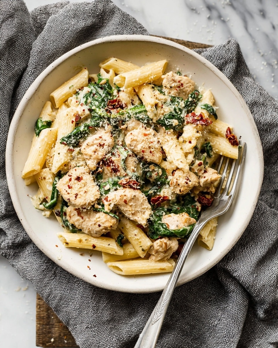 A white round plate holds a pasta dish with three main layers. The bottom layer is pale yellow penne pasta scattered across the plate. On top are chunks of light brown cooked chicken mixed evenly with bright green spinach leaves. The entire dish is coated with a creamy white sauce, speckled with tiny black pepper flakes and bits of red sun-dried tomatoes. Sprinkled over the top is a light dusting of grated cheese. A silver fork rests on the right side of the plate, which sits on a gray textured cloth, all on a white marbled surface. Photo taken with an iphone --ar 4:5 --v 7