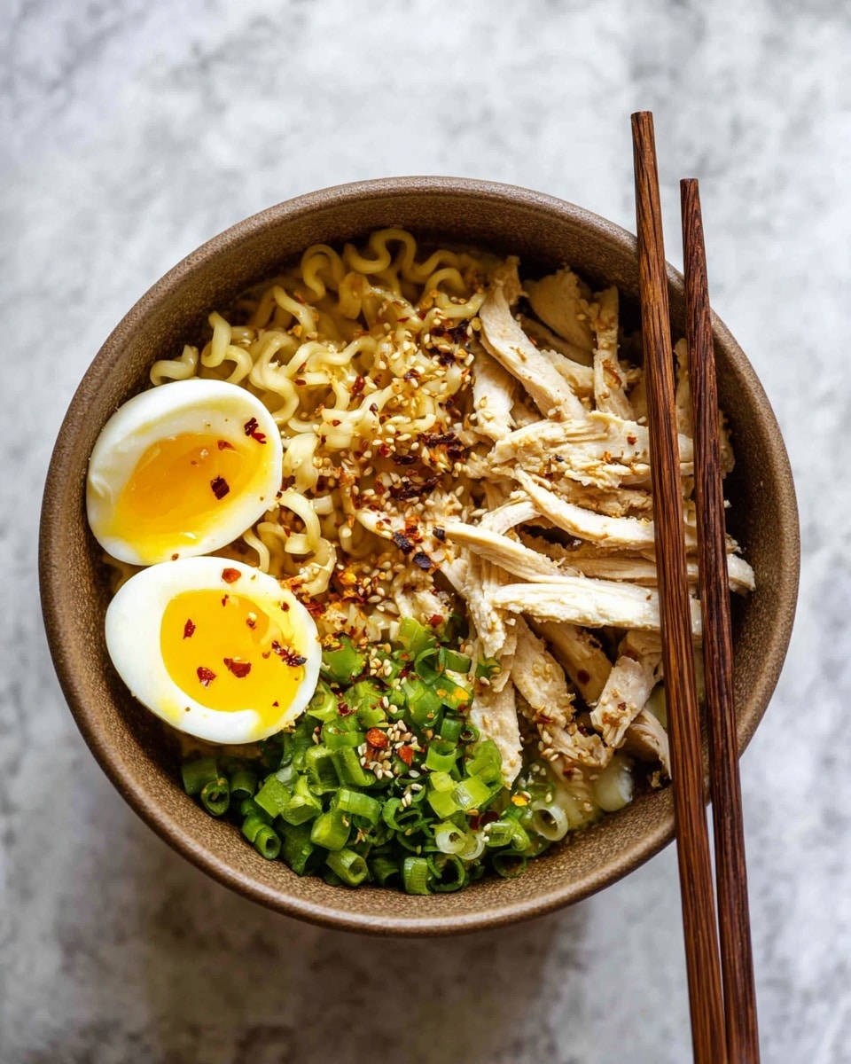 A bowl filled with four layers: the bottom layer is light yellow, curly noodles; on the right side are thin, light brown chicken strips; at the top left are two halves of a soft-boiled egg with bright yellow yolks; and at the bottom is a pile of chopped green onions. The bowl is earthy brown and has a pair of wooden chopsticks resting on the side. The dish is sprinkled with small white sesame seeds and red chili flakes. The background is a white marbled texture. Photo taken with an iphone --ar 4:5 --v 7