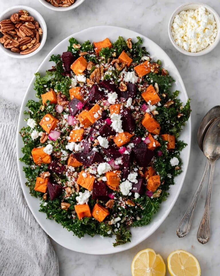 Roasted Sweet Potato & Beetroot Salad with Quinoa, Feta, and Pecans Recipe