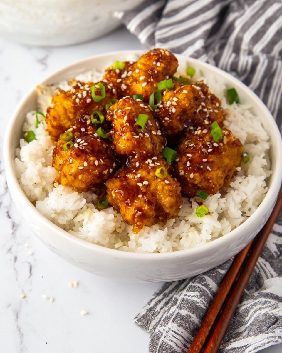 A white bowl filled with a base layer of fluffy white rice, topped with several pieces of golden brown chicken coated in a shiny, thick sauce. The chicken pieces are sprinkled with small white sesame seeds and finely chopped green onions scattered on top. The bowl sits on a white marbled surface with a gray and white striped cloth partially visible beneath it. A pair of wooden chopsticks rests beside the bowl. Photo taken with an iphone --ar 4:5 --v 7