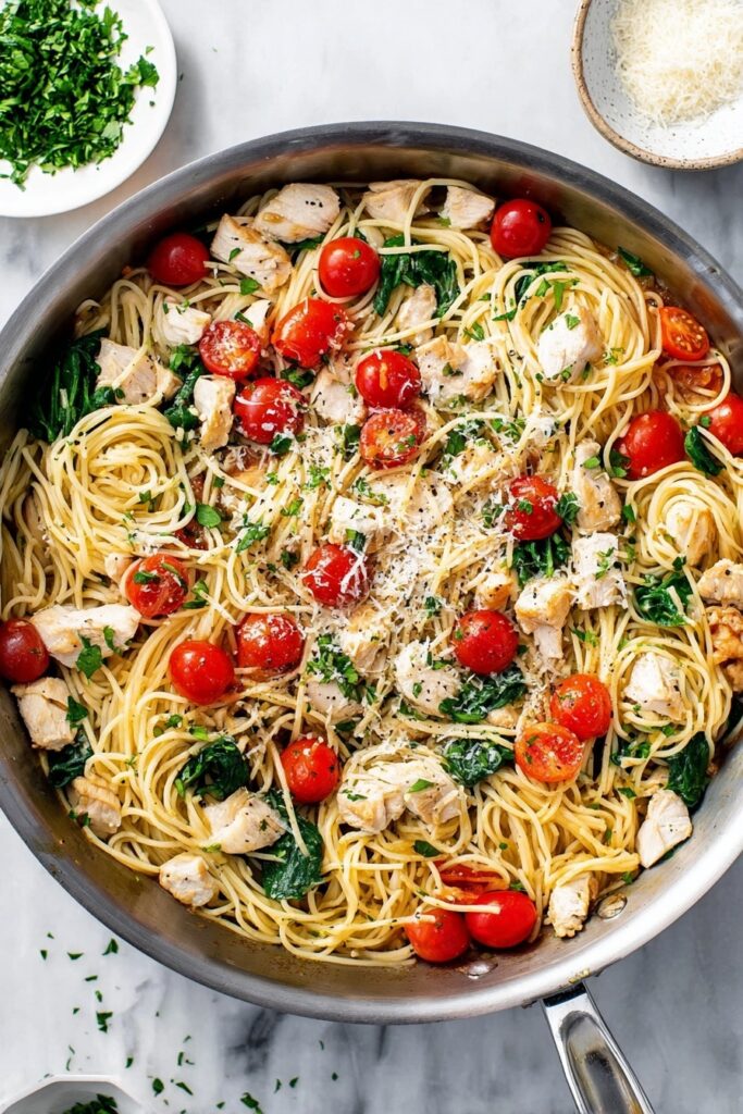 Creamy Chicken Scampi with Angel Hair Pasta and Cherry Tomatoes Recipe