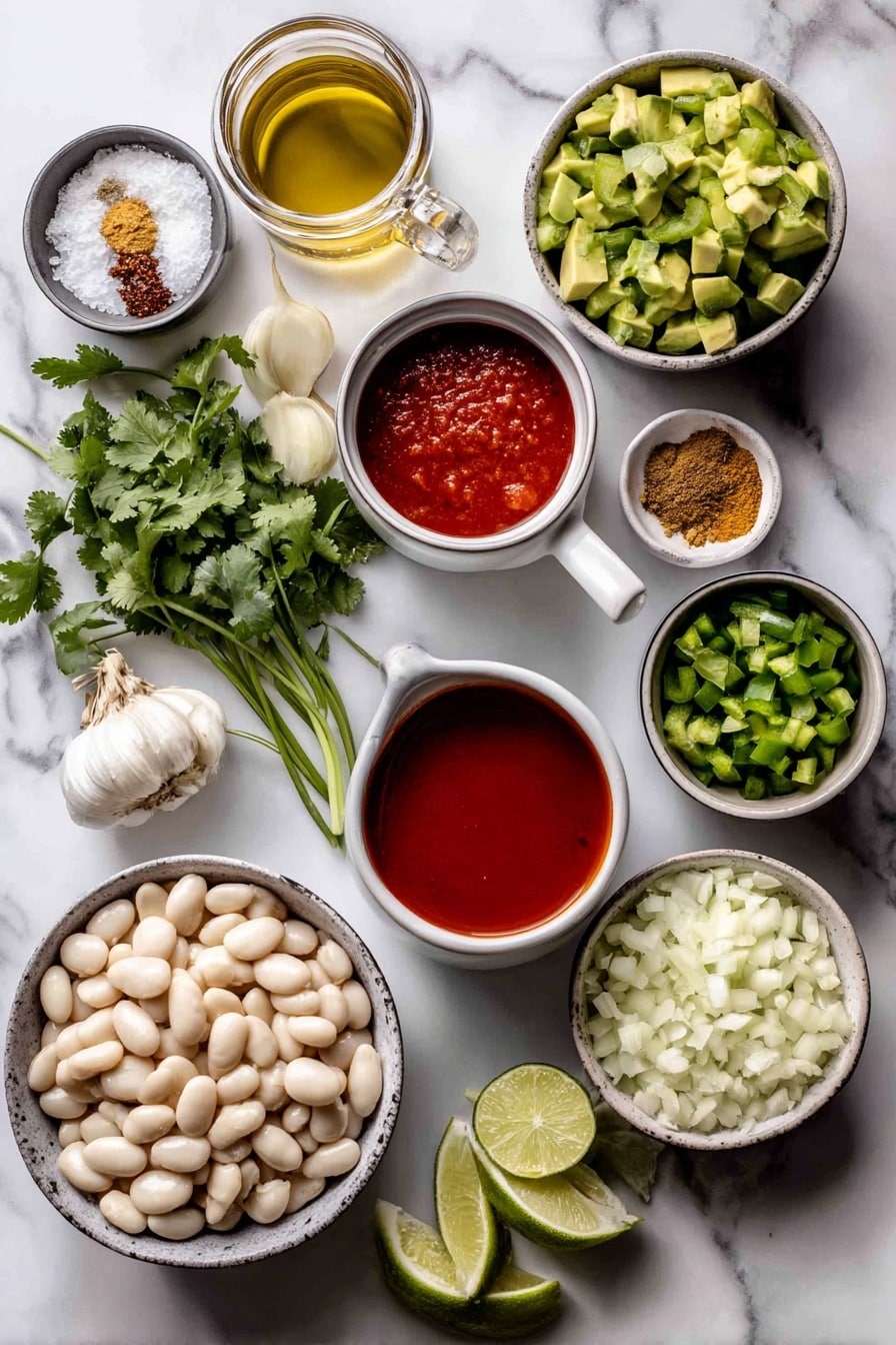 Flat lay of a small bowl of olive oil, one medium chopped white onion, one diced jalapeno pepper, a small pile of finely diced green bell pepper, a small bunch of fresh cilantro leaves, three peeled garlic cloves, small heaps of ground cumin, coriander, turmeric, garlic powder, and oregano, a ramekin of bright red enchilada sauce, a cup of chicken broth in a clear glass, two cans of rinsed white cannellini beans spilling some beans beside the cans, raw boneless skinless chicken thighs neatly arranged, a small bowl of frozen corn, one halved medium lime, sliced avocado pieces, a few jalapeno slices, extra lime wedges, and a handful of tortilla strips, placed on a white marble surface, photo taken with an iphone --ar 2:3 --v 7 - Creamy White Bean Chicken Enchilada Soup, white bean chicken enchilada soup, crockpot chicken enchilada soup, easy southwestern chicken soup, hearty white bean soup