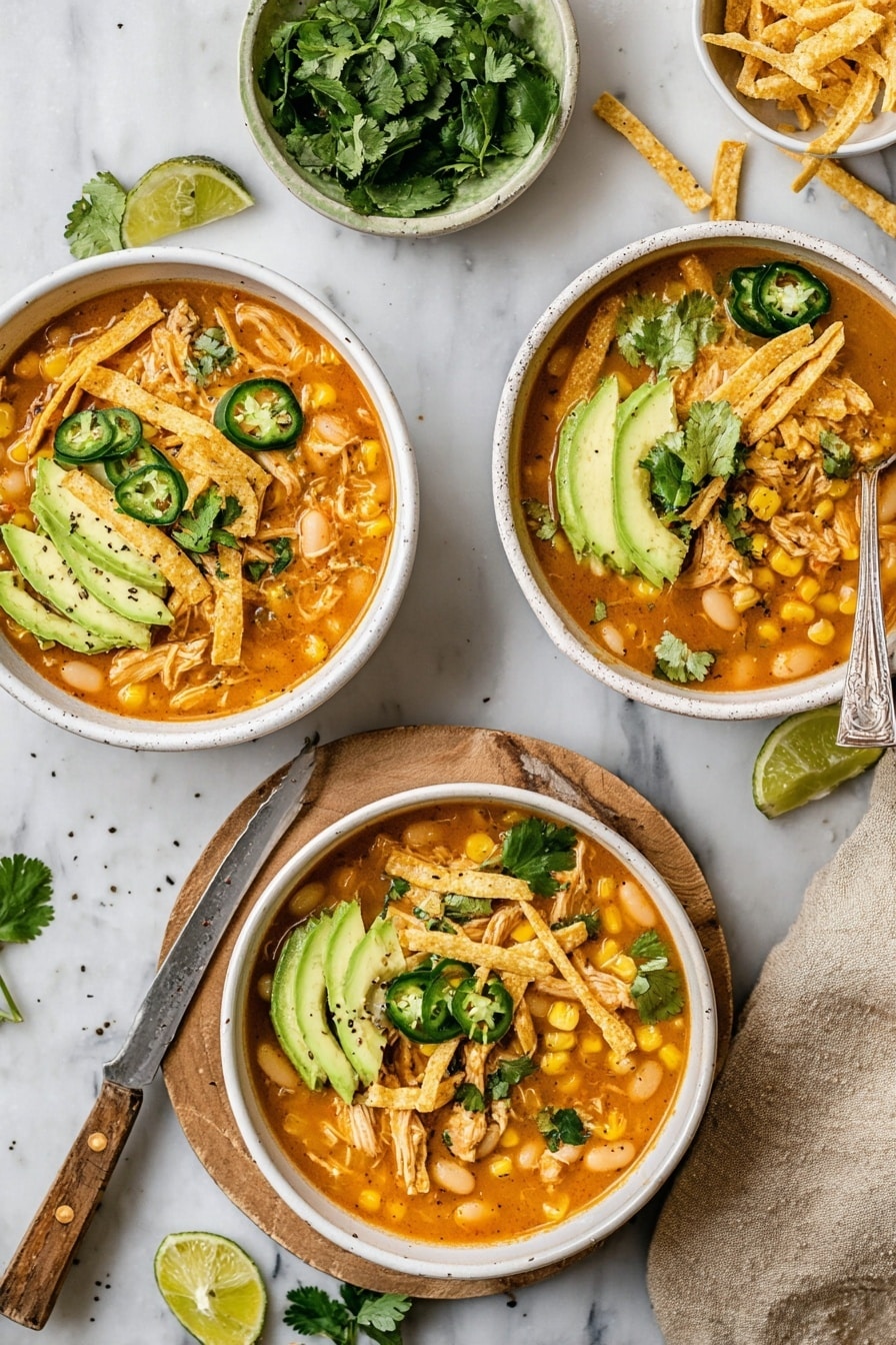 The image shows three white bowls filled with a thick orange soup with visible white beans, corn, and pieces of shredded chicken. Each bowl is topped with green sliced avocado, dark green rings of jalapeño, light yellow tortilla strips, and a wedge of lime with black pepper sprinkled on top. Fresh green cilantro leaves are scattered over the soup and around the bowls. One bowl has a spoon resting inside it on a small light wood board. The bowls sit on a white marbled surface with a beige cloth on the right side and a small white bowl with extra tortilla strips above. A small green bowl with cilantro and lime wedges is on the left, next to a knife. photo taken with an iphone --ar 2:3 --v 7 - Creamy White Bean Chicken Enchilada Soup, white bean chicken enchilada soup, crockpot chicken enchilada soup, easy southwestern chicken soup, hearty white bean soup
