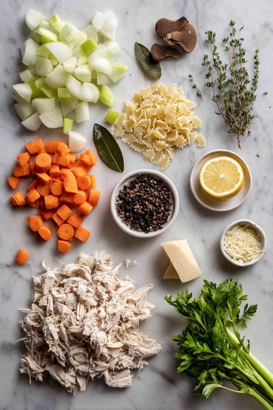 Flat lay of two medium diced onions with half finely chopped, four carrots split between large chunks and small diced pieces, four celery stalks cut into large and small chunks, a small pile of dried porcini mushrooms, a single bay leaf, four sprigs of fresh thyme, a small mound of parmesan rind pieces, one pressed garlic clove, a small bowl of stelline pasta, a modest heap of shredded cooked chicken, a lemon with zest and wedges, and a small bunch of fresh parsley, all placed on a white marble surface, photo taken with an iphone --ar 2:3 --v 7 - Parmesan Chicken Pastina Soup, comforting chicken pasta soup, homemade parmesan broth soup, easy chicken pastina recipe, lemon-infused pasta soup