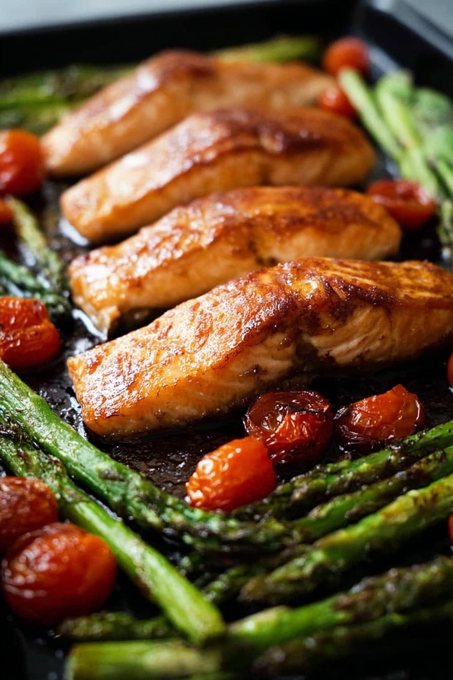 The image shows four golden brown cooked salmon fillets laid side by side on a black tray. The salmon has a shiny, slightly crisp surface. Around the fillets are roasted bright green asparagus stalks with some tips slightly charred. Small, round red cherry tomatoes are scattered throughout the tray, some whole and some lightly softened. The background is out of focus, putting the focus on the salmon and vegetables. photo taken with an iphone --ar 2:3 --v 7 - Brown Sugar Broiled Salmon with Roasted Vegetables, easy healthy salmon dinner, quick salmon recipes, caramelized salmon glaze, weeknight salmon meal