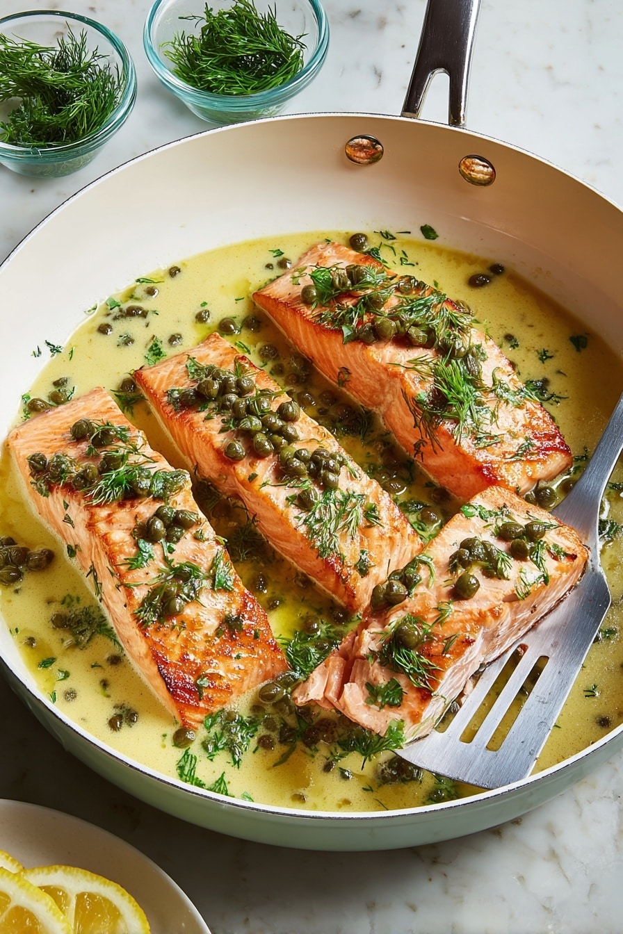 Four pieces of cooked salmon with a pink-orange color and slightly crispy edges sit in a white pan filled with light yellow creamy sauce mixed with green herbs and small dark green capers. Each salmon piece is topped with chopped fresh green parsley and dill. One piece of salmon is being lifted by a silver metal spatula on the right side. The pan is on a white marbled surface, and near the top left corner, there are two small glass bowls—one with green dill and another with capers. In the bottom left corner, there are some lemon wedges on a white plate. photo taken with an iphone --ar 2:3 --v 7 - Salmon Piccata, salmon piccata lemon sauce, crispy salmon with capers, healthy seafood dinner, quick salmon recipes