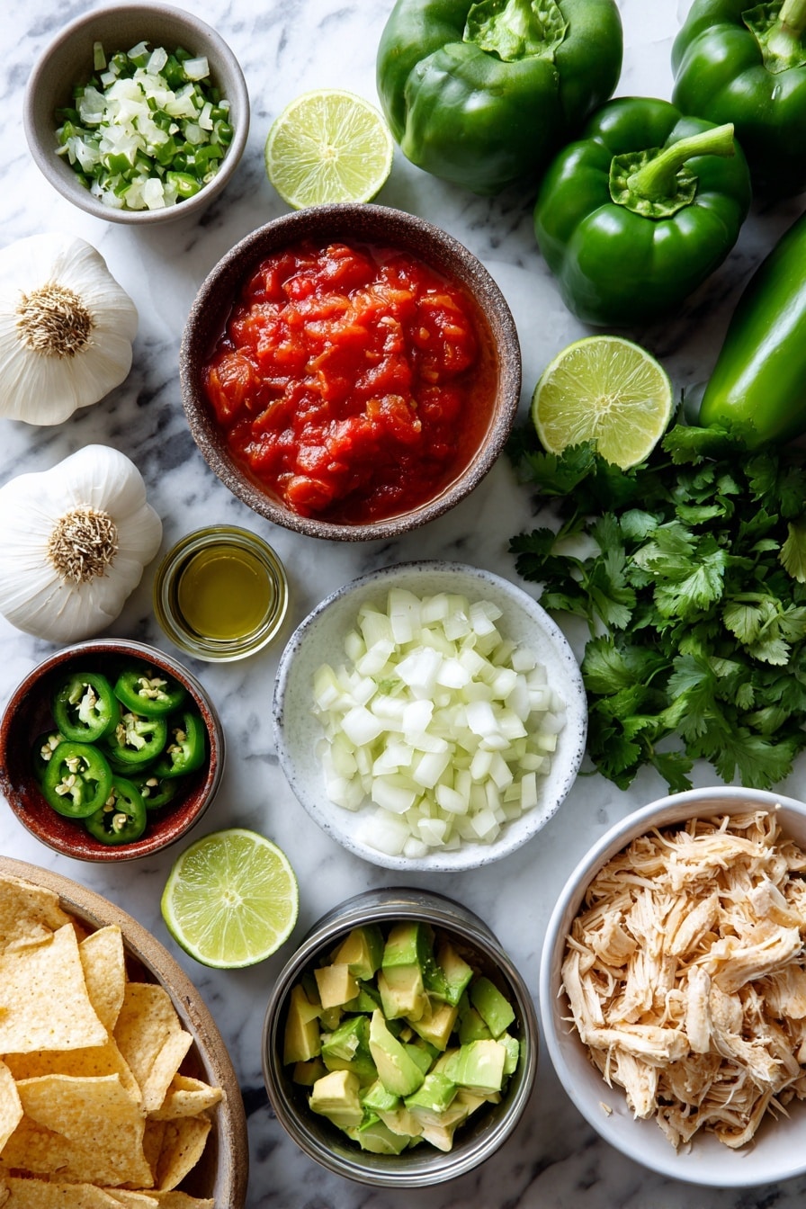 Flat lay of two medium green bell peppers, one whole white onion diced into small pieces in a small bowl, a small bowl of finely diced jalapeños from about two peppers, six peeled garlic cloves scattered, two drained cans of fire roasted tomatoes in rustic bowls, a small bunch of fresh cilantro leaves, several lime wedges and a small cup of freshly squeezed lime juice, a bowl of shredded cooked chicken, and a handful of tortilla chips and cubed avocado nearby for garnish, all placed on a white marble surface, photo taken with an iphone --ar 2:3 --v 7 - Sopa de Lima, Mexican lime soup, authentic Mexican soup, easy Sopa de Lima recipe, vibrant Mexican soup