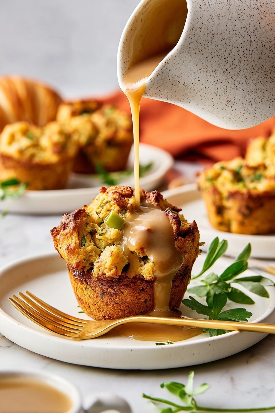 A golden-brown, crispy bread muffin sits in the center of a white plate with a smooth brown gravy being poured over it from a white, speckled ceramic pitcher above, the gravy slowly dripping down the sides and pooling slightly at the base. The muffin shows textured chunks of bread with herbs and small green vegetable pieces visible. A gold fork rests diagonally on the plate next to the muffin. A few fresh green herb leaves are placed near the fork. In the blurry background, there are more bread muffins on another white plate, a pale yellow croissant, and an orange cloth on a white marbled surface. Photo taken with an iphone --ar 2:3 --v 7 - Crispy-Edged Stuffing Muffins, Stuffins, Thanksgiving Stuffing Muffins, Individual Stuffing Portions, Holiday Side Dish