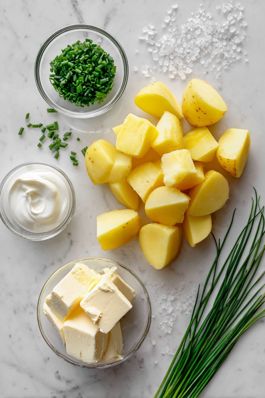 Flat lay of peeled Yukon Gold potatoes cut into chunks, creamy unsalted butter blocks, a small glass bowl of whole buttermilk, fresh bright green chopped chives scattered artistically, coarse kosher salt crystals, and a few whole chives laid out, placed on a white marble surface, photo taken with an iphone --ar 2:3 --v 7 - Buttermilk Mashed Potatoes, creamy mashed potatoes with buttermilk, tangy mashed potato side dish, easy mashed potatoes recipe, buttery mashed potatoes