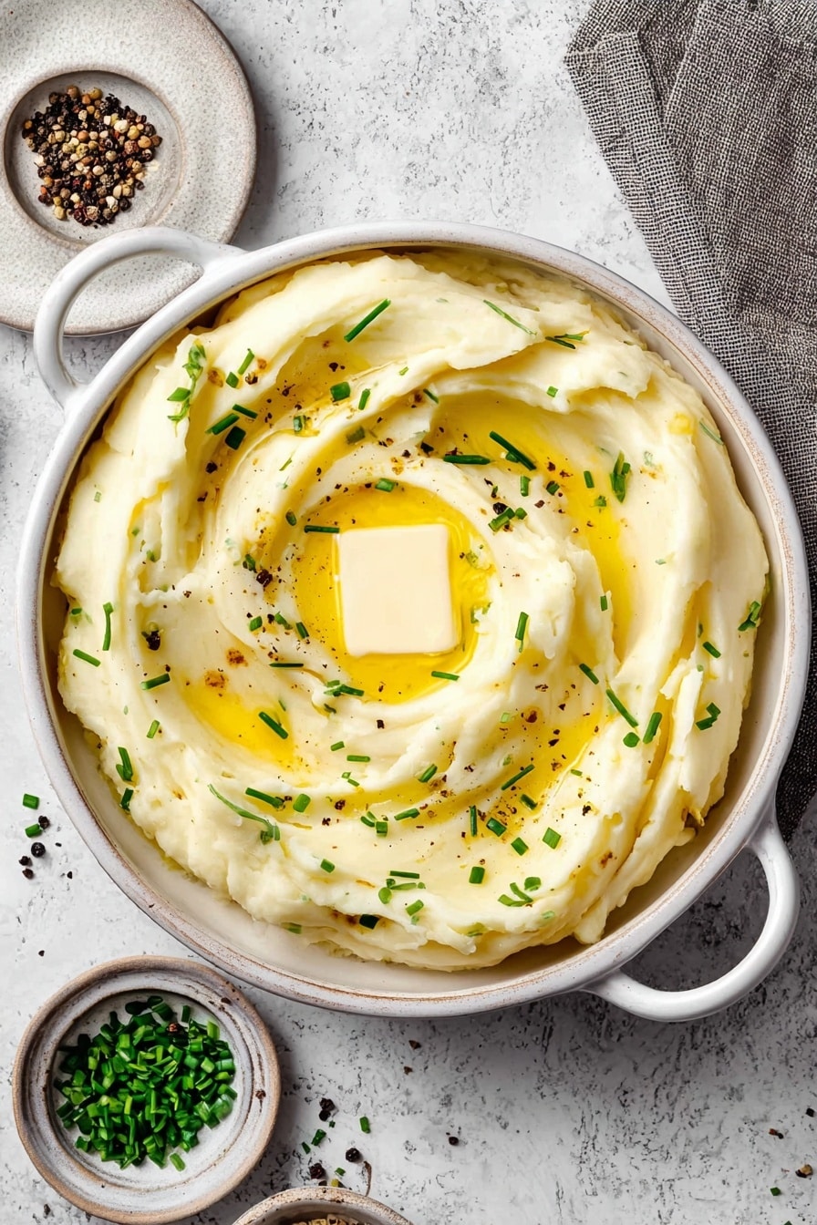A round white bowl with two small handles holds creamy mashed potatoes swirled in soft peaks. On top, a small square of melting butter sits in the center, surrounded by a pool of bright yellow melted butter. Small chopped green chives are scattered evenly across the surface, along with a few black pepper flakes. The bowl rests on a white marbled surface next to a grey cloth napkin, and nearby are small dishes with more chives and cracked black pepper. Photo taken with an iphone --ar 2:3 --v 7 - Buttermilk Mashed Potatoes, creamy mashed potatoes with buttermilk, tangy mashed potato side dish, easy mashed potatoes recipe, buttery mashed potatoes
