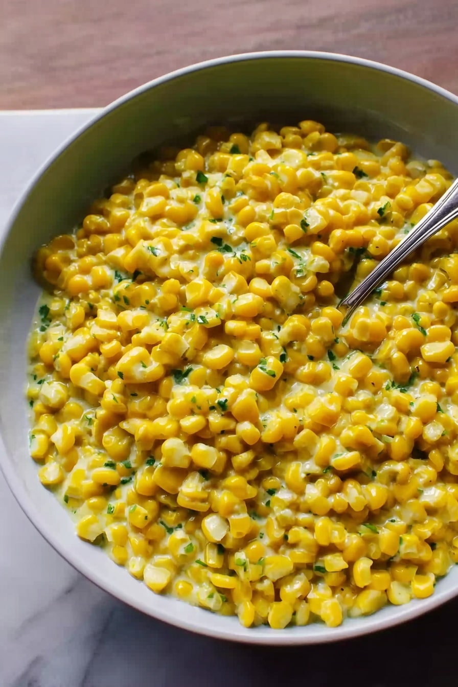 A close-up of a white bowl filled with creamy yellow corn kernels mixed with small bits of green herbs. The creamy sauce appears smooth and thick, covering the corn evenly in a single layer. A silver spoon rests inside the bowl on the right side, and the bowl sits on a white marbled surface. Photo taken with an iphone --ar 2:3 --v 7 - Cilantro-Lime Instant Pot Creamed Corn, easy cilantro lime creamed corn, quick Instant Pot corn side dish, flavorful creamed corn with lime and cilantro, beginner-friendly creamed corn recipe