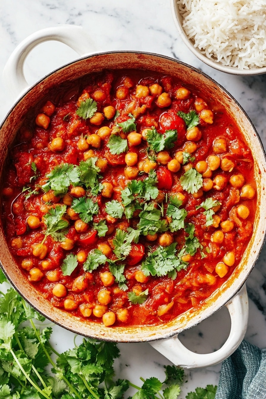 A white cast iron pan filled with a one-layer chickpea stew that has a rich red tomato sauce mixed with visible tomato chunks. The stew is topped with scattered fresh green cilantro leaves. The pan rests on a white marbled surface with some loose cilantro at the bottom left. A small white bowl with cooked white rice is visible on the top right corner. The photo taken with an iphone --ar 2:3 --v 7 - Vegan Chana Masala with Rice and Yogurt, vegan Indian curry recipes, easy vegan dinner ideas, healthy Indian chickpea dishes, plant-based comfort food