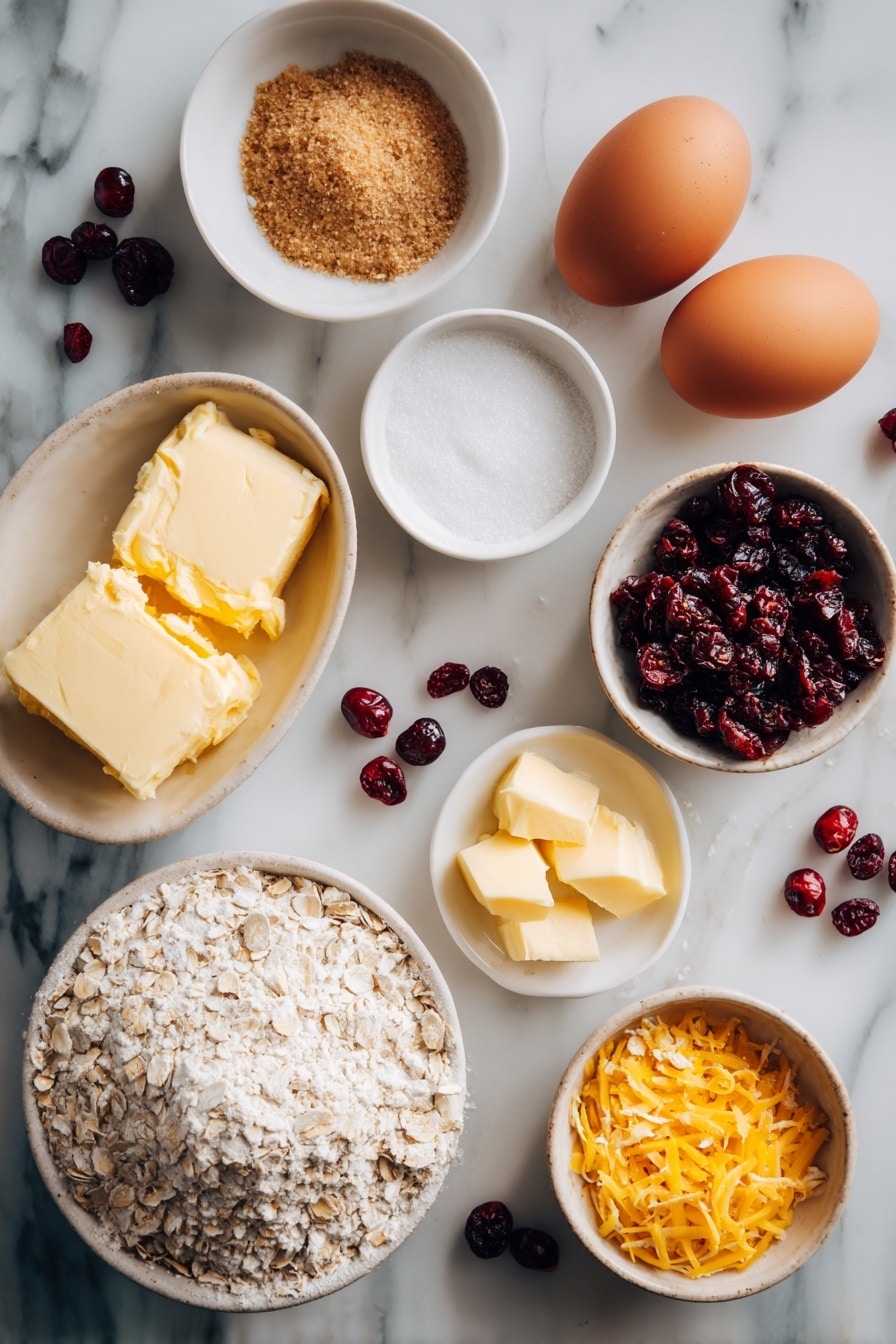 Flat lay of softened butter, granulated sugar, brown sugar, large eggs, vanilla beans, all-purpose flour, quick cooking oats, bright orange zest, and plump dried cranberries beautifully arranged in small piles and scattered clusters, placed on a white marble surface, photo taken with an iphone --ar 2:3 --v 7 - Mozzarella en Carrozza, Italian fried mozzarella sandwich, crispy mozzarella sandwich, cheesy Italian snack, easy mozzarella appetizer