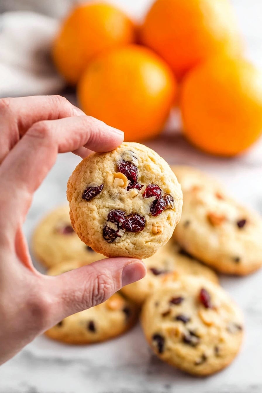 A close-up view of a woman's hand holding a single round cookie that is light golden in color with visible dark red dried fruit pieces and bits of nuts mixed inside. Below the hand, there is a white surface with several more similar cookies scattered and slightly overlapping each other. In the blurred background, three whole bright orange fruits are arranged together. The whole scene is set against a white marbled surface. photo taken with an iphone --ar 2:3 --v 7 - Mozzarella en Carrozza, Italian fried mozzarella sandwich, crispy mozzarella sandwich, cheesy Italian snack, easy mozzarella appetizer