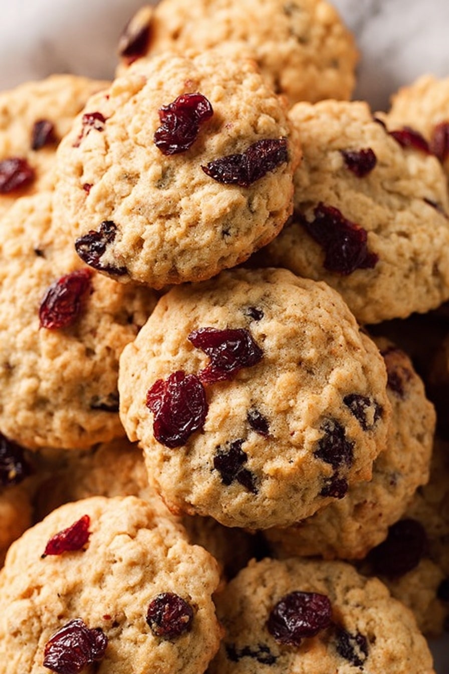 A pile of soft oatmeal cookies with visible dark red dried cranberries mixed throughout each cookie, showing a light golden brown color with a slightly rough texture on top. The cranberries are scattered both on the surface and inside the cookies, adding contrast with their deep red color. The cookies are stacked closely on a white marbled background, filling the frame with a cozy and inviting look. Photo taken with an iphone --ar 2:3 --v 7 - Mozzarella en Carrozza, Italian fried mozzarella sandwich, crispy mozzarella sandwich, cheesy Italian snack, easy mozzarella appetizer