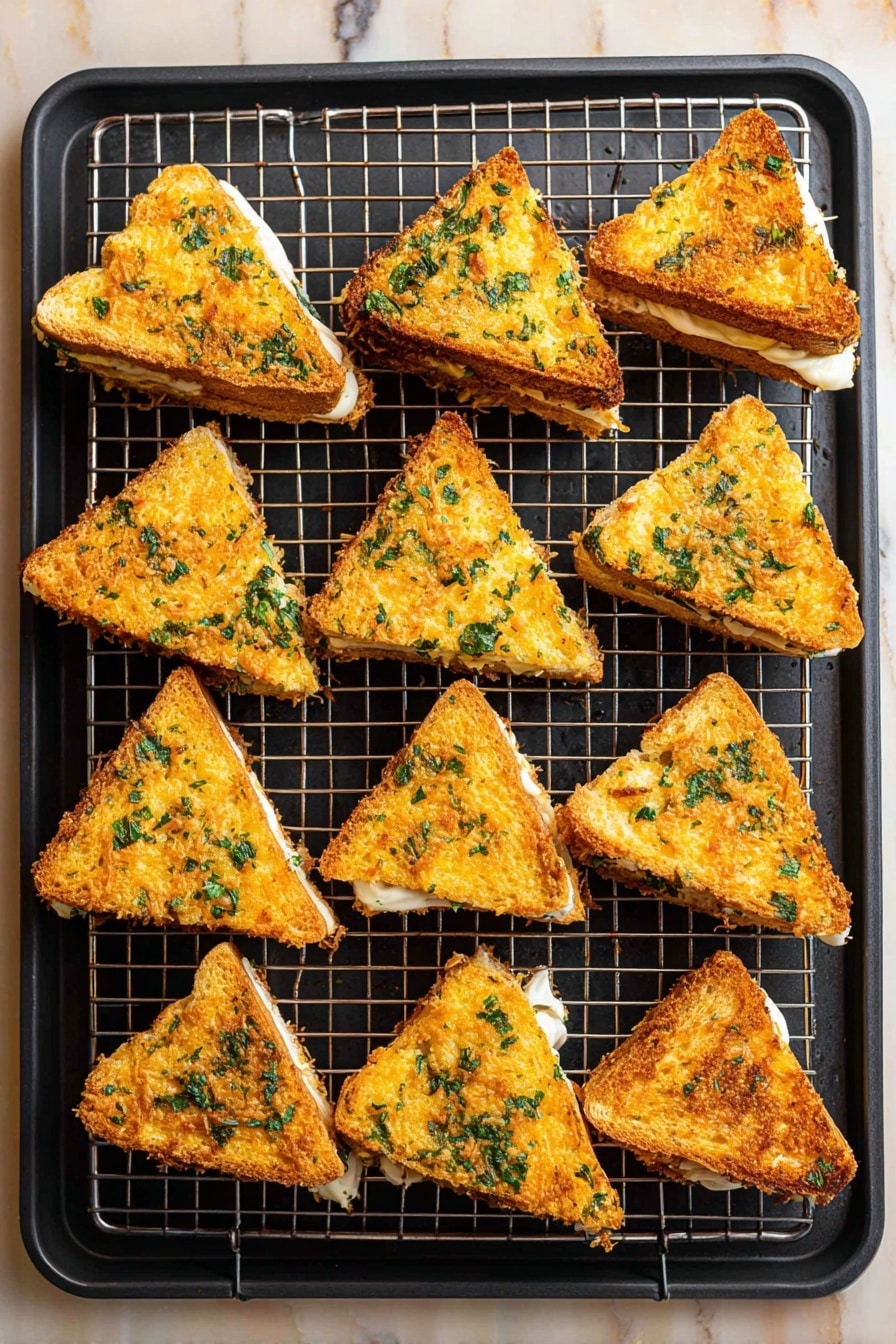The image shows eleven triangular pieces of crispy, golden-brown sandwiches arranged on a black wire rack over a black baking tray. Each sandwich has a crunchy outer layer with green herb bits scattered on top, giving a textured look. Inside, you can see a creamy white filling peeking out between the two crispy layers. The sandwiches are evenly spaced, and the tray is placed on a white marbled surface. The overall look highlights the crunchy, toasted texture and the fresh green herbs on each sandwich. photo taken with an iphone --ar 2:3 --v 7 - Creamy Lemon Garlic Parmesan Shrimp, Lemon Garlic Shrimp, Shrimp Recipes, Seafood Dinner Ideas, Elegant Shrimp Dishes