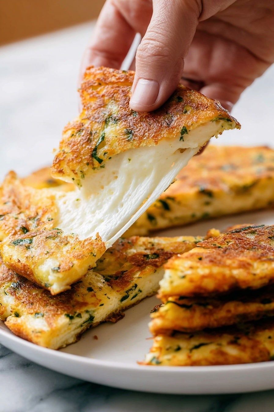 A close-up of a woman's hand pulling apart a crispy, golden-brown pancake with green herbs baked into the surface, revealing a thick, stretchy white cheese layer inside. The pancake has a rough textured outer layer with visible flecks of green herbs. In the background, several similar pancakes are stacked on a white plate, all showing a mixture of golden and green colors with a slightly uneven surface. The scene is set on a white marbled texture. photo taken with an iphone --ar 2:3 --v 7 - Creamy Lemon Garlic Parmesan Shrimp, Lemon Garlic Shrimp, Shrimp Recipes, Seafood Dinner Ideas, Elegant Shrimp Dishes