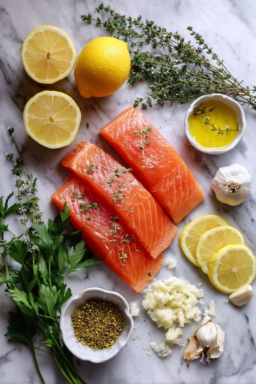 Flat lay of fresh pink salmon fillets, bright yellow lemon halves and thin lemon slices, vibrant green sprigs of parsley and thyme, small piles of minced garlic, and a scattering of dried Italian herb seasoning, all beautifully arranged with a drizzle of golden olive oil glistening on top, placed on a white marble surface, photo taken with an iphone --ar 2:3 --v 7 - Best Easy Healthy Baked Salmon, healthy baked salmon recipe, quick salmon dinner, nutritious salmon recipe, flavorful baked salmon