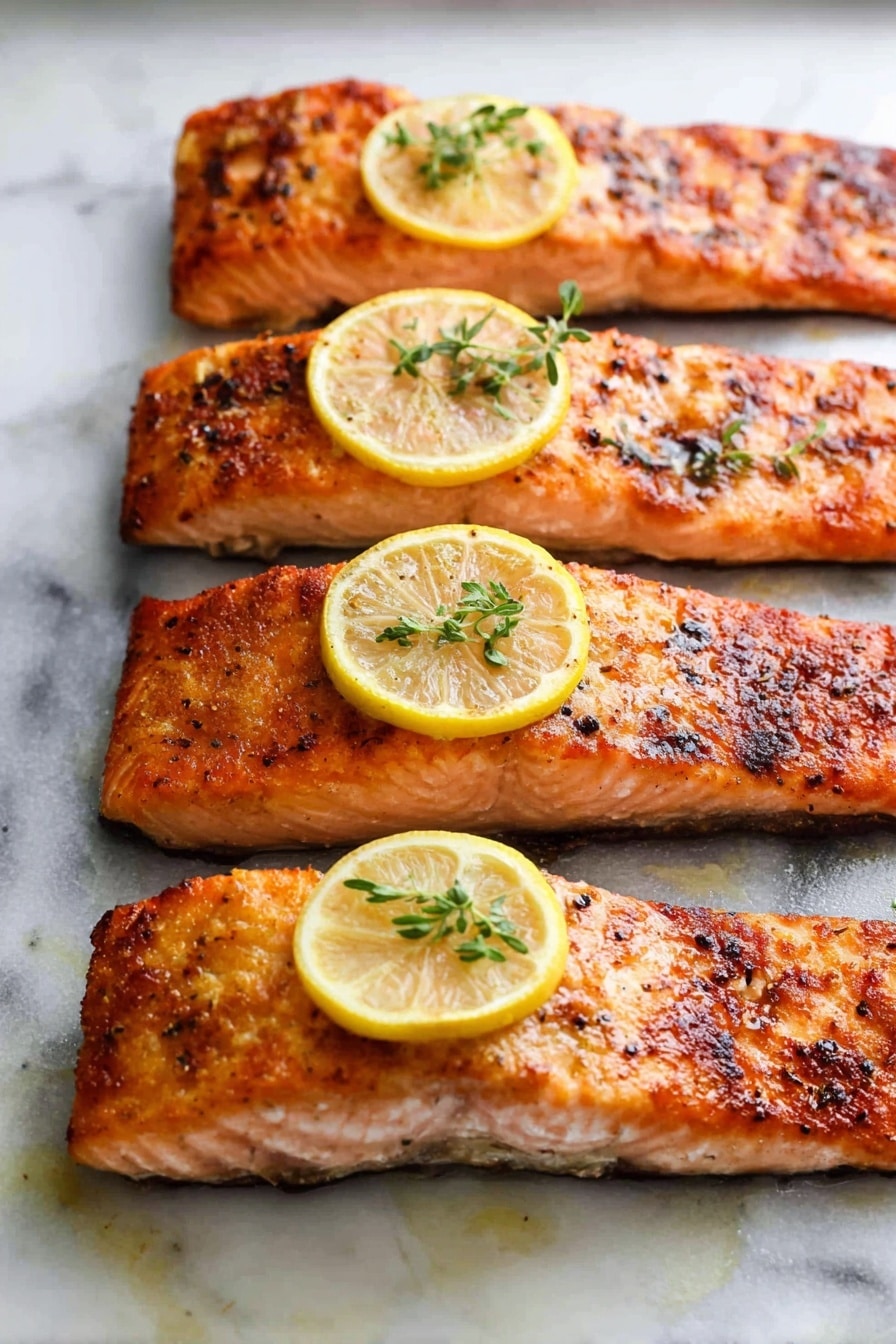 Four pieces of cooked salmon fillets are laid out in a row on a white marbled surface, each fillet having a crispy, golden-brown edge with a soft pink center. On top of the three middle fillets, there is a thin yellow lemon slice garnished with small sprigs of green herbs, adding a fresh touch. The fillets have a slightly flaky texture with small black and brown seasoning bits scattered across their surface, highlighting their seasoned and roasted look. The image shows a close-up view with good lighting to bring out the warm colors of the fish and the freshness of the lemon slices photo taken with an iphone --ar 2:3 --v 7 - Best Easy Healthy Baked Salmon, healthy baked salmon recipe, quick salmon dinner, nutritious salmon recipe, flavorful baked salmon