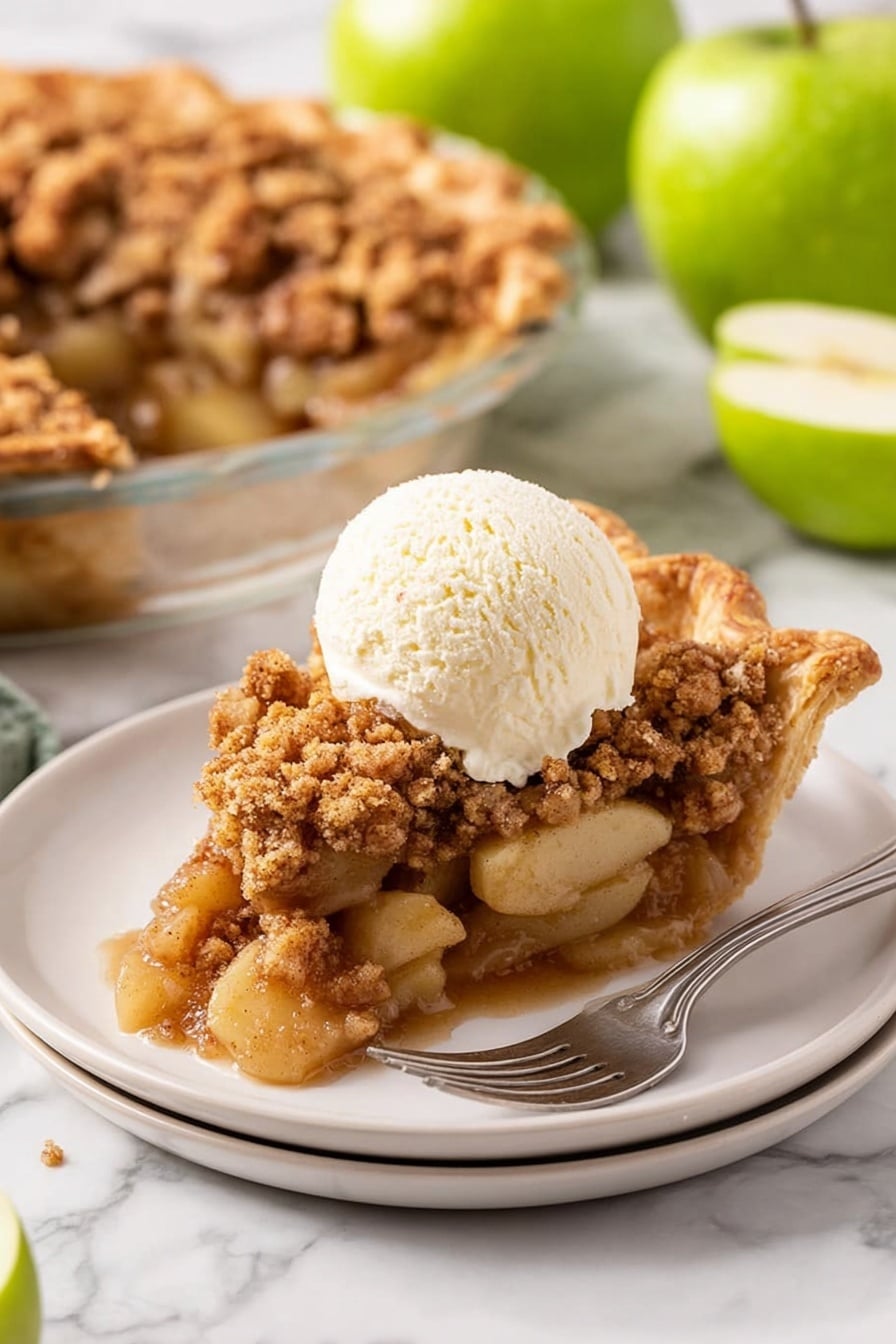 A slice of apple crumble pie is placed on a round white plate with a metal fork beside it. The pie slice has three visible layers: at the bottom, a golden-brown crust; in the middle, soft apple pieces coated with a glossy syrup; on top, a crumbly, brown sugar and cinnamon topping. A scoop of vanilla ice cream, creamy and slightly melting, rests on the crumble layer. The plate sits on a white marbled surface, with a whole pie in a clear dish and green apples, some whole and one cut in half, scattered around. Photo taken with an iphone --ar 2:3 --v 7 - Dutch Apple Pie, apple pie with crumb topping, homemade apple pie, cozy dessert recipes, classic apple pie