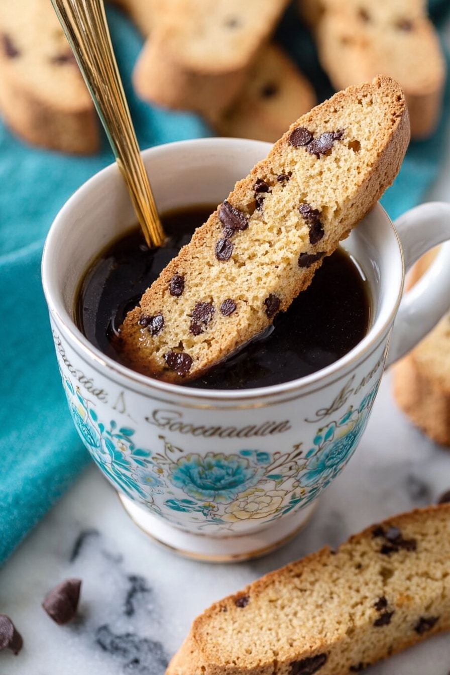A close-up image shows a cup filled with dark coffee topped with a single long biscotti resting on the cup edge. The cup is white with blue-green floral designs and text, with a gold spoon inside. Around the cup, there is a white marbled surface with more biscotti scattered in the background, and a teal cloth underneath the cup. The biscotti is light golden with visible chocolate chips inside. photo taken with an iphone --ar 2:3 --v 7 - Chocolate Chip Almond Biscotti, Biscotti recipes, homemade biscotti, almond biscotti, crunchy chocolate biscotti