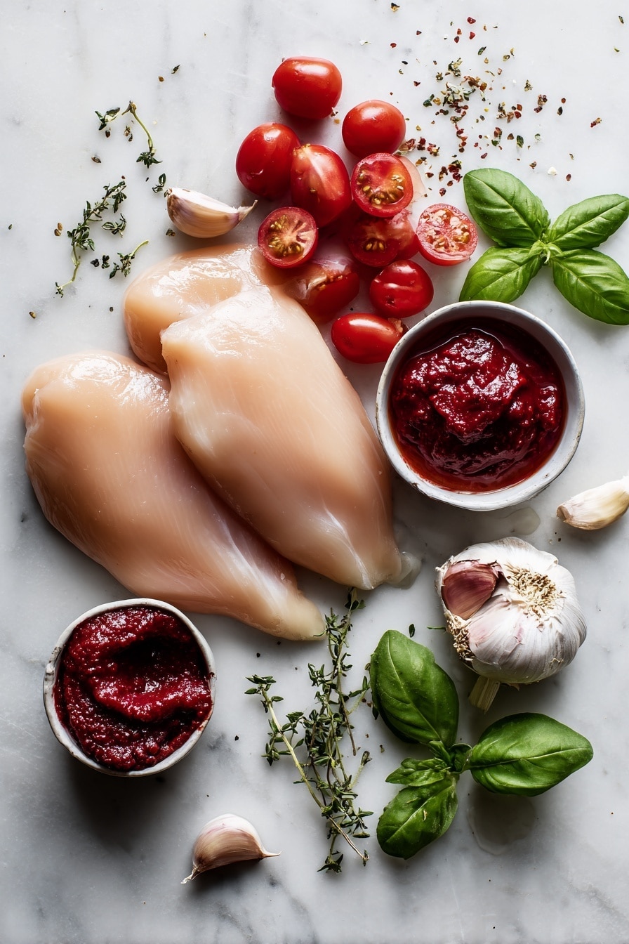 Flat lay of boneless skinless chicken breasts, a small bowl of thick heavy cream, vibrant red cherry tomatoes sliced in half, a rich dollop of deep red tomato paste, bright fresh basil leaves, whole garlic cloves, and a small pile of dried basil and thyme herbs artfully scattered, placed on a white marble surface, photo taken with an iphone --ar 2:3 --v 7 - Slow Cooker Creamy Tomato Basil Chicken, easy slow cooker chicken recipes, creamy tomato chicken dish, family dinner ideas, beginner-friendly slow cooker meals