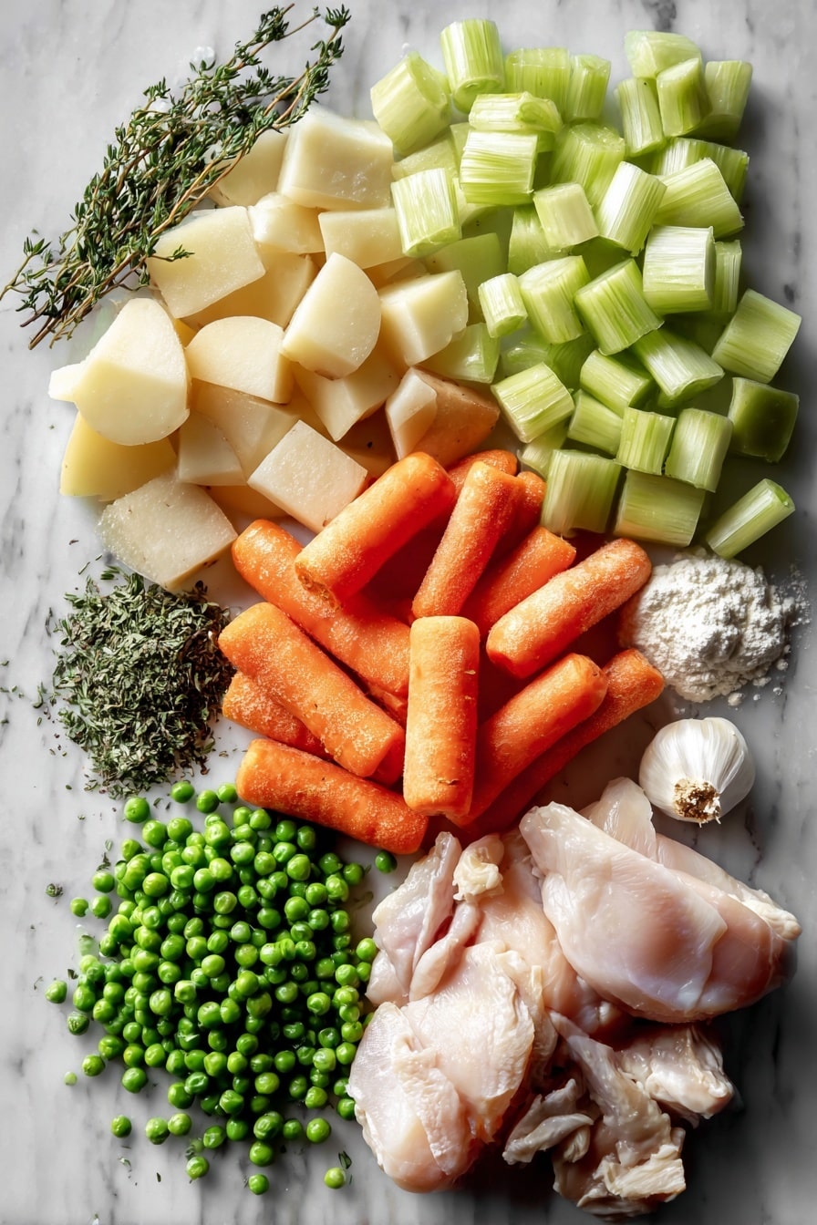 Flat lay of peeled and chopped large carrots, finely chopped celery ribs, peeled and diced medium potatoes, minced garlic cloves, fresh boneless skinless chicken breasts, frozen green peas, dried parsley and thyme herbs, and a small pile of all-purpose flour, arranged beautifully with bright natural light highlighting their colors and textures, placed on a white marble surface, photo taken with an iphone --ar 2:3 --v 7 - Crockpot Chicken and Dumplings, slow cooker chicken and dumplings, hearty chicken stew, easy comfort food, homemade chicken and dumplings