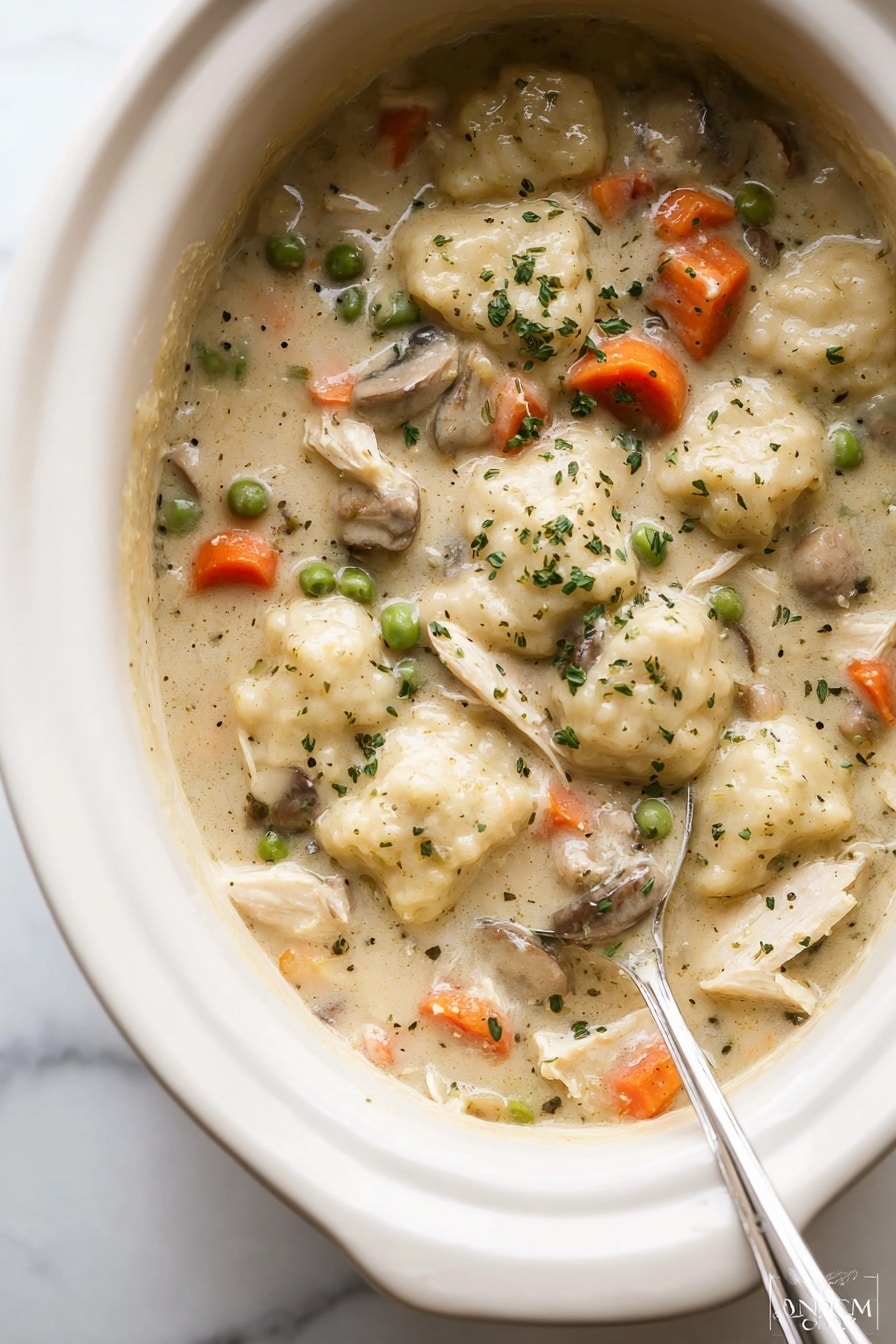 A close-up top view of a white slow cooker filled with thick, creamy chicken and vegetable stew. The stew has visible chunks of white chicken, soft carrots in bright orange, green peas, and tender mushrooms all mixed in a light beige sauce, which looks rich and smooth. There are several small, light dumplings scattered throughout, with finely chopped green herbs sprinkled on top for texture. A silver spoon is partially inserted into the stew, resting near the edge of the slow cooker, with some of the stew on it. The slow cooker sits on a white marbled surface. photo taken with an iphone --ar 2:3 --v 7 - Crockpot Chicken and Dumplings, slow cooker chicken and dumplings, hearty chicken stew, easy comfort food, homemade chicken and dumplings