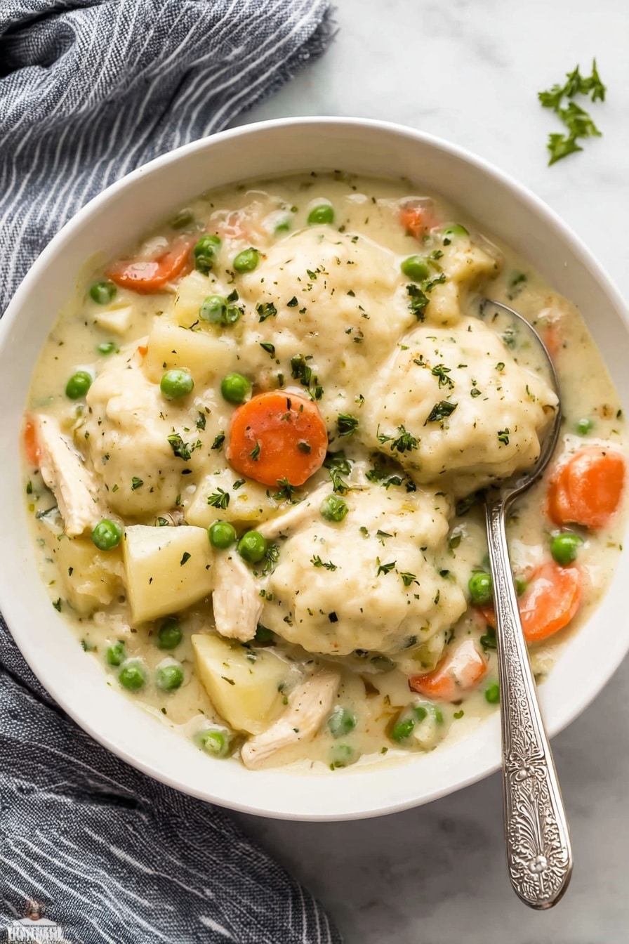 A white bowl filled with creamy chicken and vegetable stew, showing thick, white biscuit dumplings on top, surrounded by soft orange carrot slices, bright green peas, light tan potato chunks, and pieces of white chicken in a smooth, pale cream sauce with herbs sprinkled on top. A silver spoon with a decorated handle rests inside the bowl on the right side, partially scooping some dumplings and veggies. The bowl sits on a folded grey and white striped cloth, all placed on a white marbled surface. Photo taken with an iphone --ar 2:3 --v 7 - Crockpot Chicken and Dumplings, slow cooker chicken and dumplings, hearty chicken stew, easy comfort food, homemade chicken and dumplings