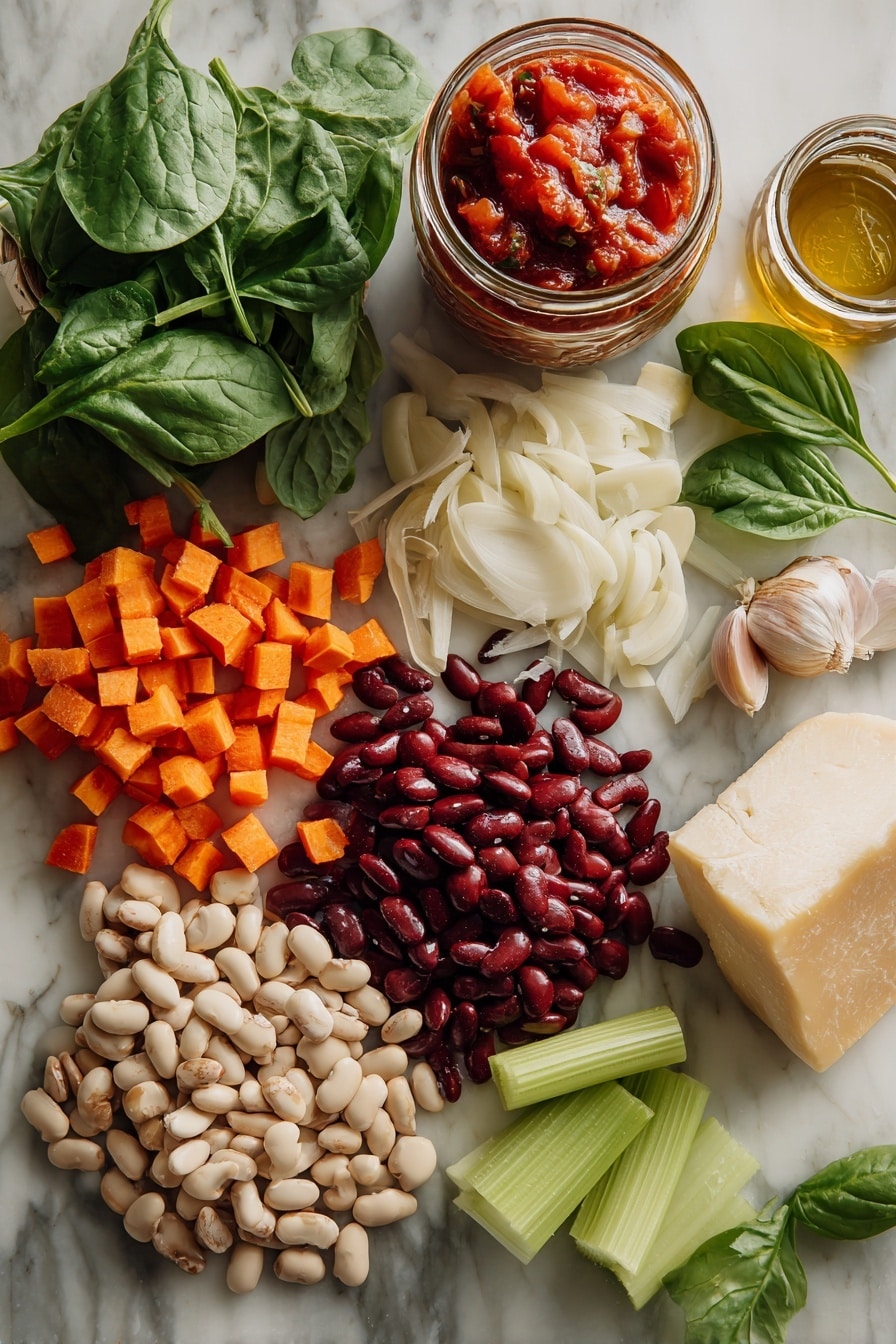 Flat lay of dried cranberry beans spilling gently beside diced bright orange carrots, sliced pale green celery stalks, a large chopped golden onion, thinly sliced cloves of garlic arranged like delicate petals, a vibrant jar of diced red tomatoes with juice, fresh dark green baby spinach leaves fanned out nearby, a wedge of Parmigiano-Reggiano cheese with a chunk of rind resting beside it, and a few fresh basil leaves scattered artfully, placed on a white marble surface, photo taken with an iphone --ar 2:3 --v 7 - Cranberry Bean Soup, hearty bean soup recipe, easy winter soup, vegan bean soup, nutritious dinner ideas