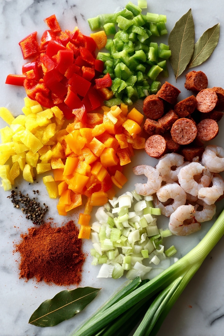 Flat lay of diced red, green, yellow, and orange bell peppers, chopped celery stalks, minced garlic cloves, sliced andouille sausage, raw pink shrimp, fresh scallions, bay leaves, and a small pile of reddish-brown roux powder, arranged beautifully with vibrant colors and textures, placed on a white marble surface, photo taken with an iphone --ar 2:3 --v 7 - New Orleans Gumbo with Shrimp and Sausage, authentic gumbo recipe, Louisiana gumbo, seafood sausage gumbo, spicy Cajun gumbo